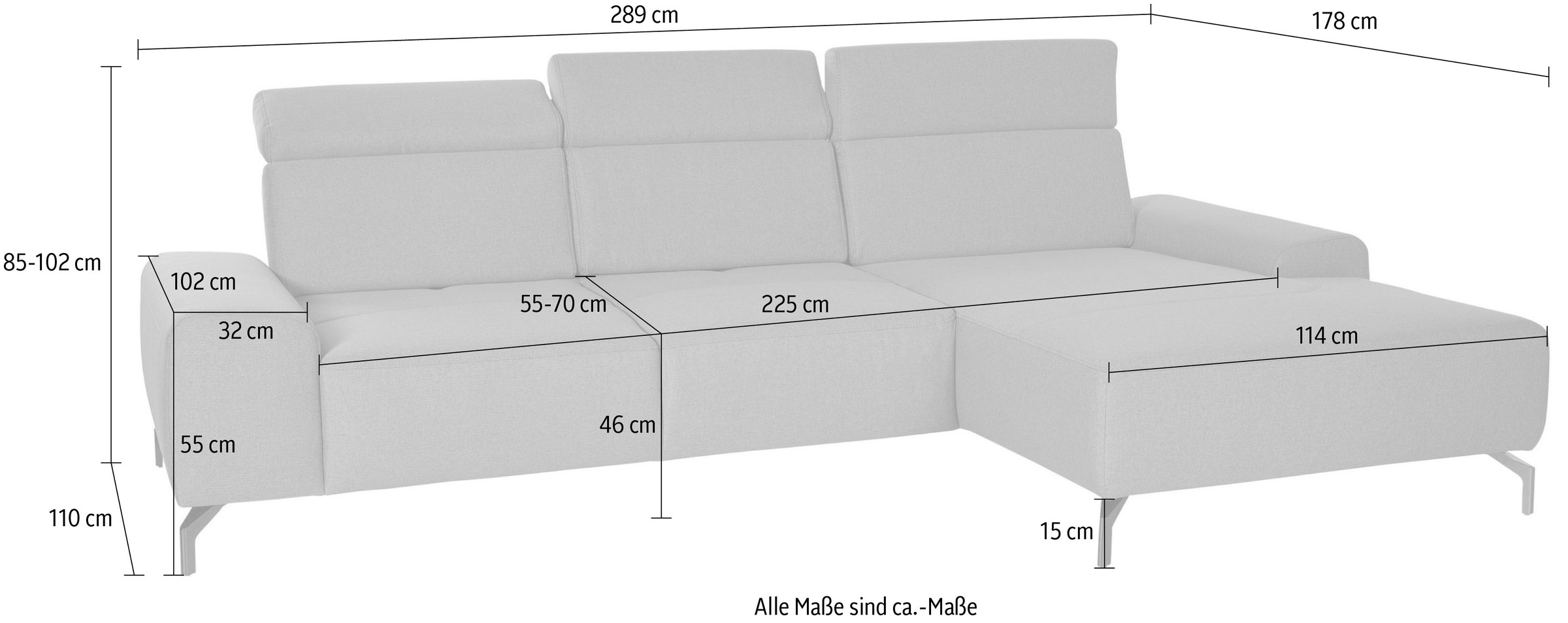 sit&more Ecksofa »Gizeh L-Form«, Fusshöhe 15 cm, inklusive Sitztiefenverstellung und Kopfteilverstellung