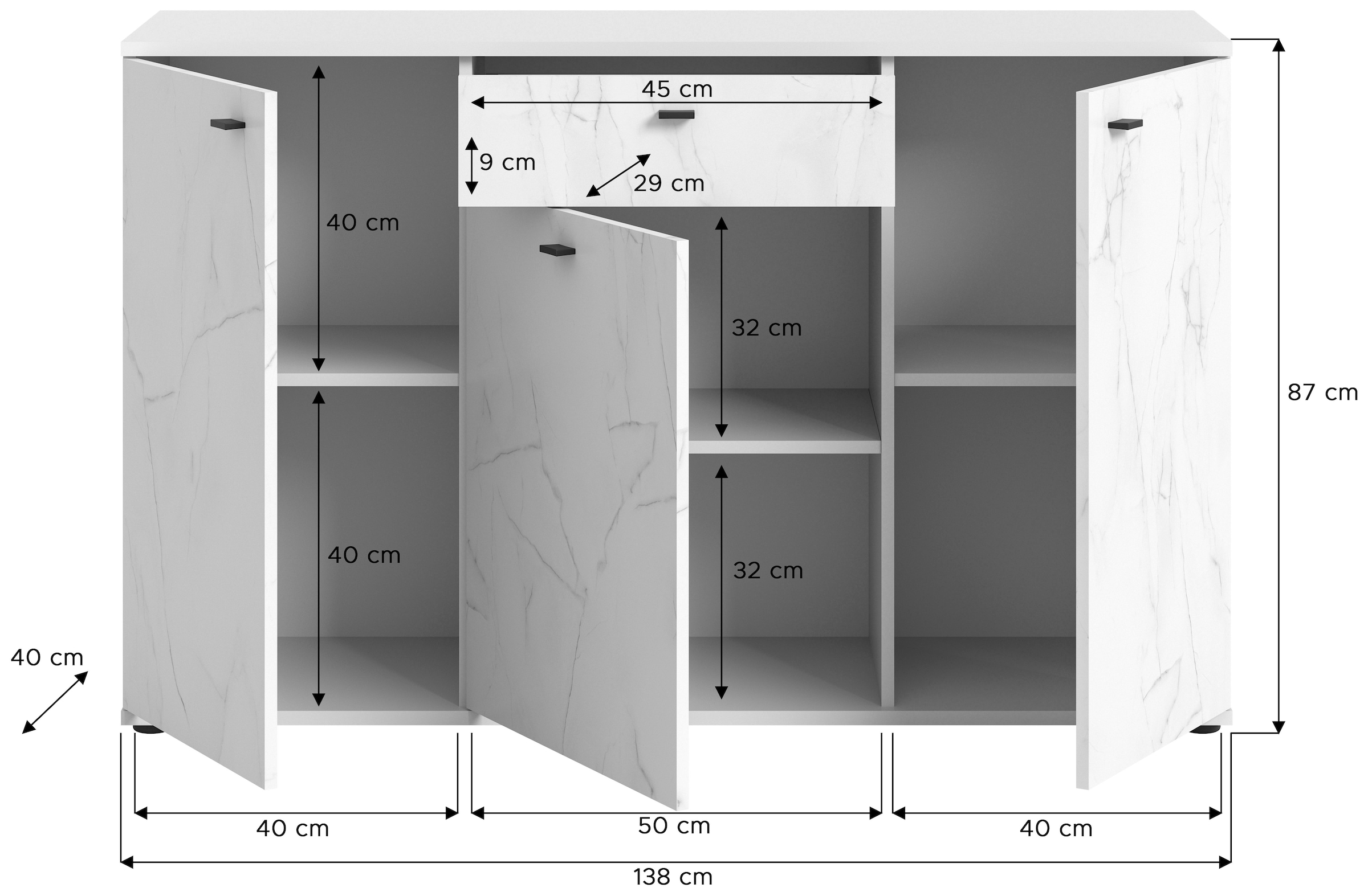 INOSIGN Sideboard »CALCOLO, Breite 138cm, 3 Türen, 1 Schubkasten, 6 Fächer«, Anrichte, Kommode, Schrank