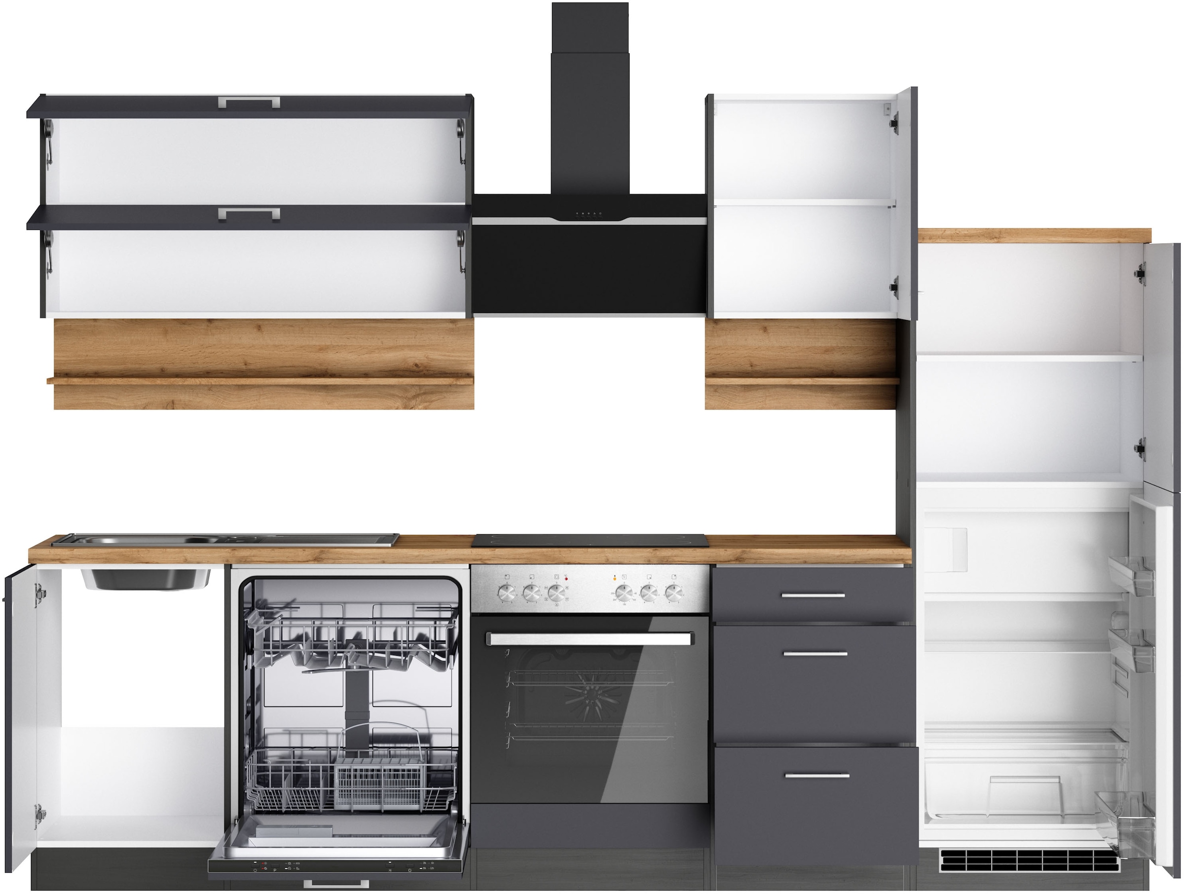 KOCHSTATION Kitchenette »KS-Milan« 280 cm de large, rails métalliques robustes, beaucoup d’espace de rangement