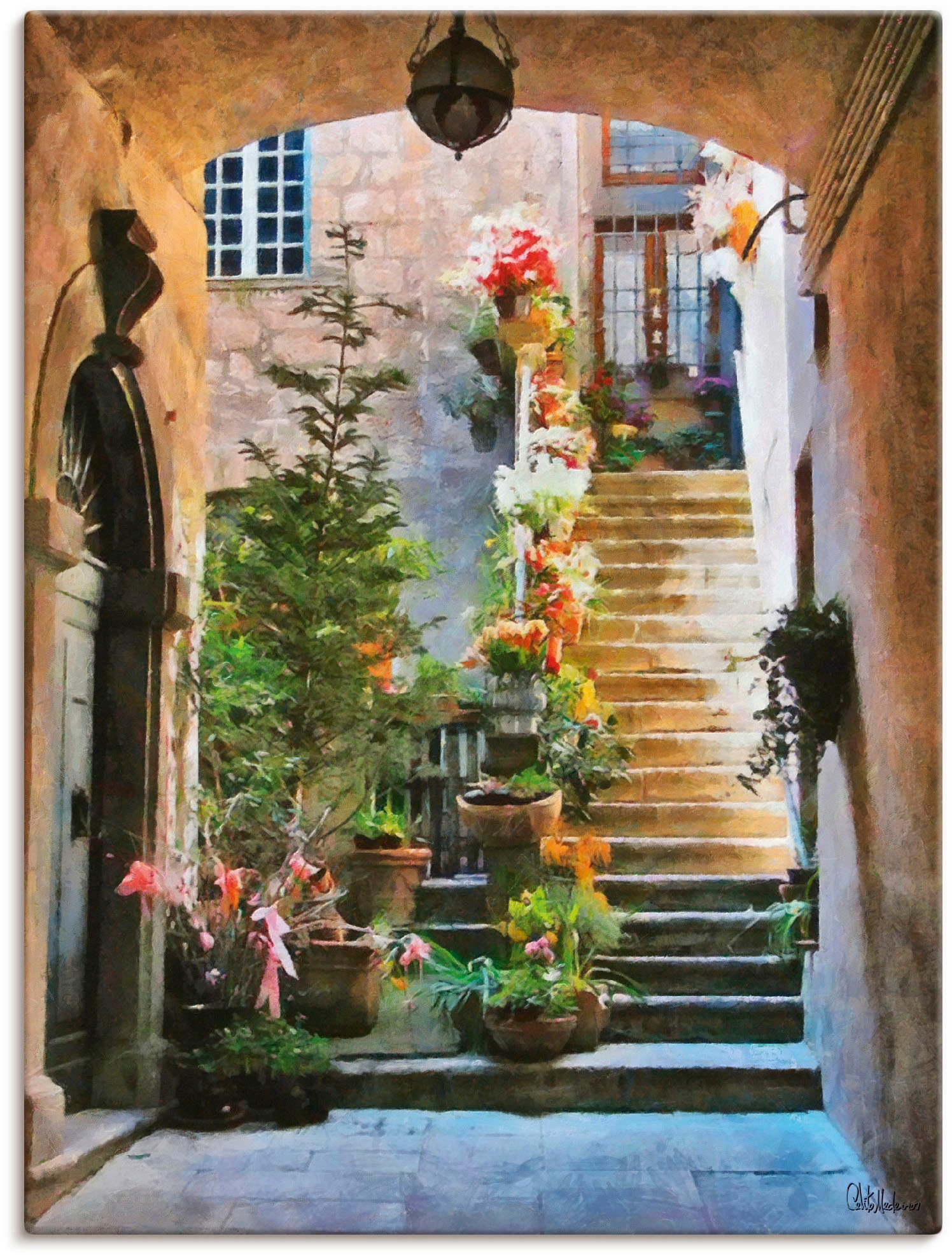 Image of Artland Leinwandbild "Treppe mit Blumen" Elemente der Architektur 1 Stk. tlg. auf Holzrahmen gespannt