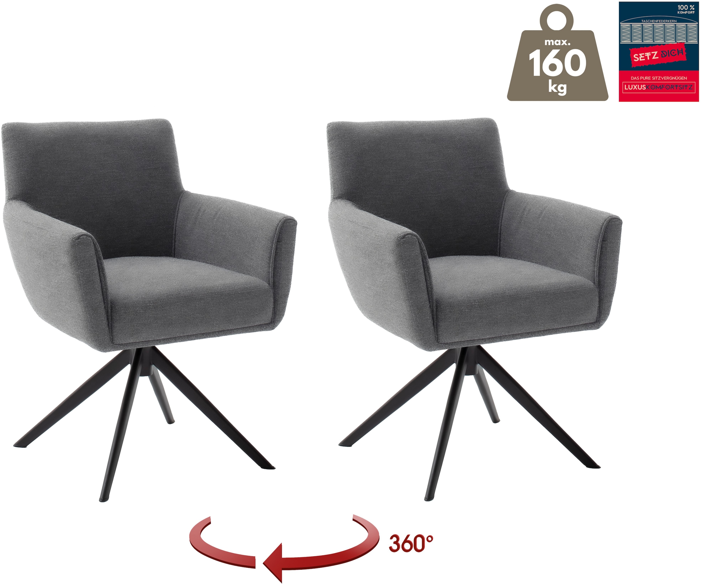 MCA furniture 4-Fussstuhl »WILSON Esszimmerstuhl, Armlehnstuhl, Polsterstuhl, modern«, (Set), 2 St., Flachgewebe, Stuhl, Armlehnenstuhl, drehbar, Taschenfederkern, belastbar 160 kg,XXL