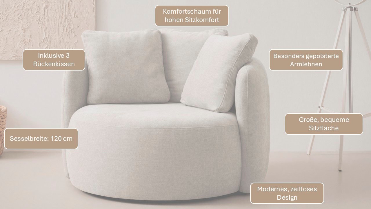 GOODproduct Sessel »Kaarl, moderner Rundsessel, Loungesessel, Loveseat« Webstoff, in fünf Farben, inkl. Rückenkissen, zeitloses Design