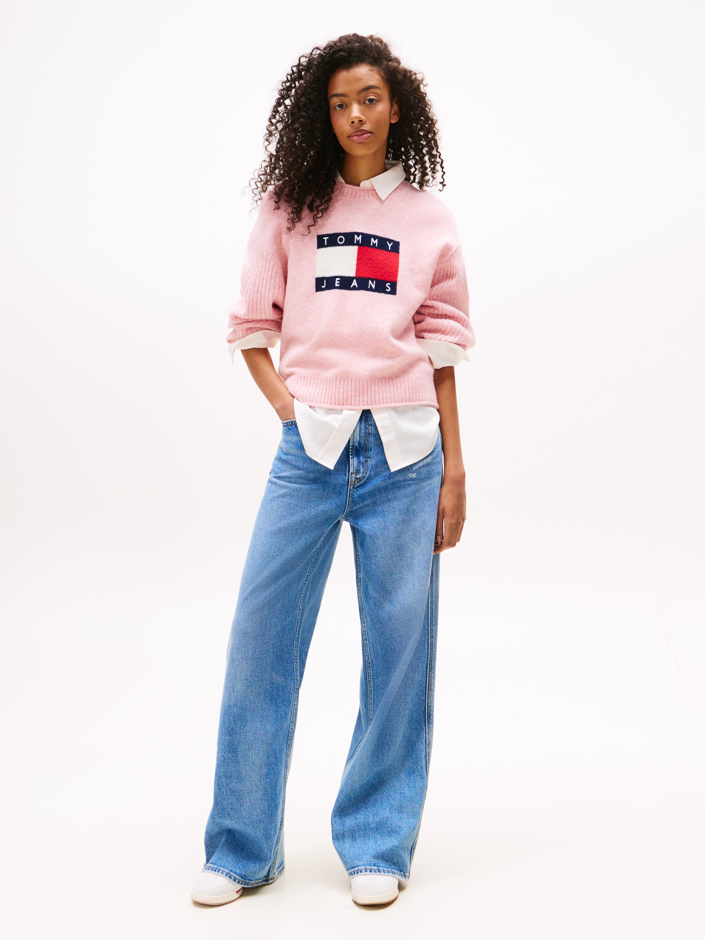 Tommy Jeans Strickpullover »TJW MELANGE FLAG SWEATER RIB EXT«, in gerippter Struktur