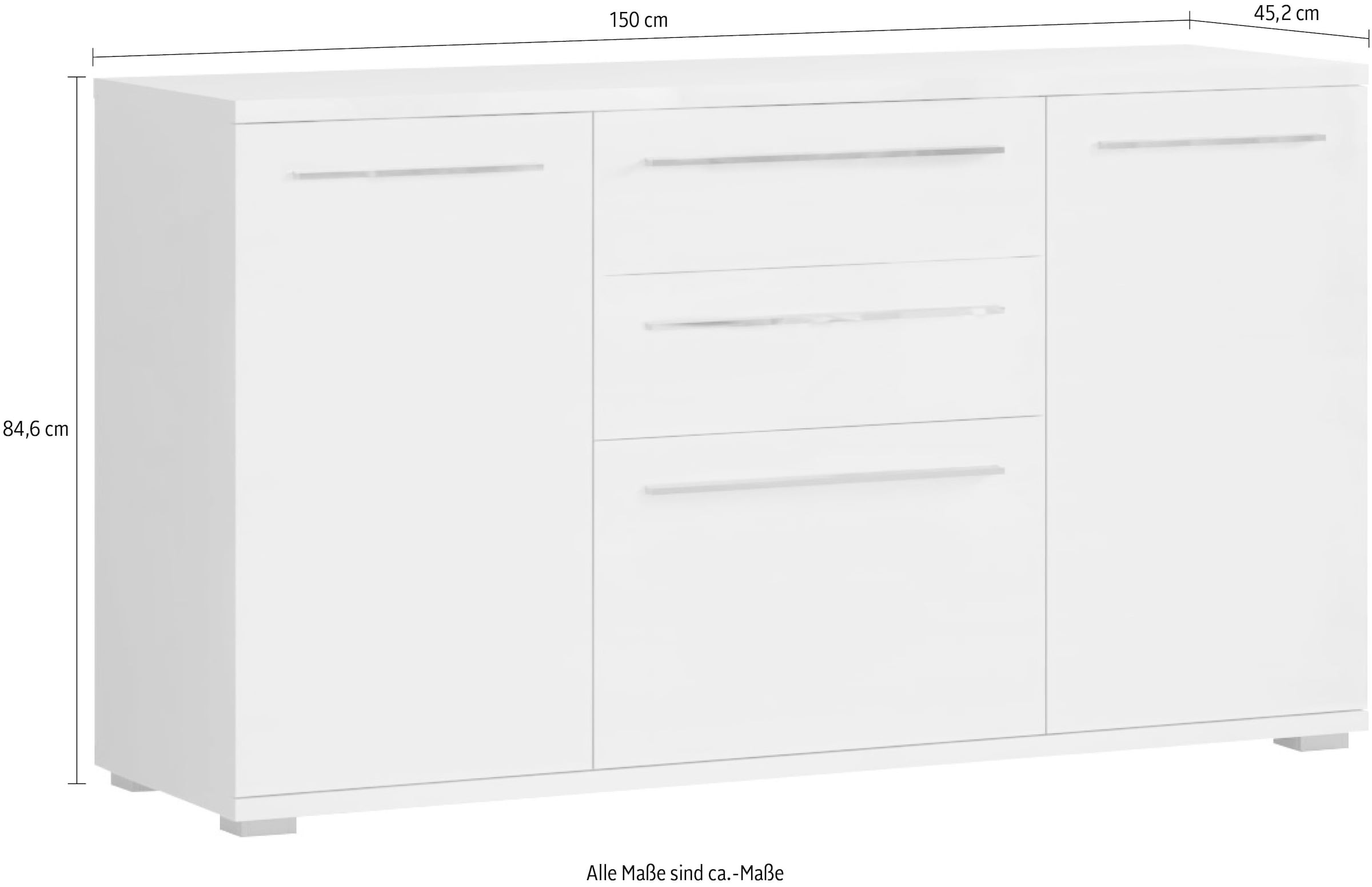 Places of Style Kommode »Piano«, (H/B/T): 84,6/150/45,2cm), Hochglanz UV lackiert, Soft-Close Funktion