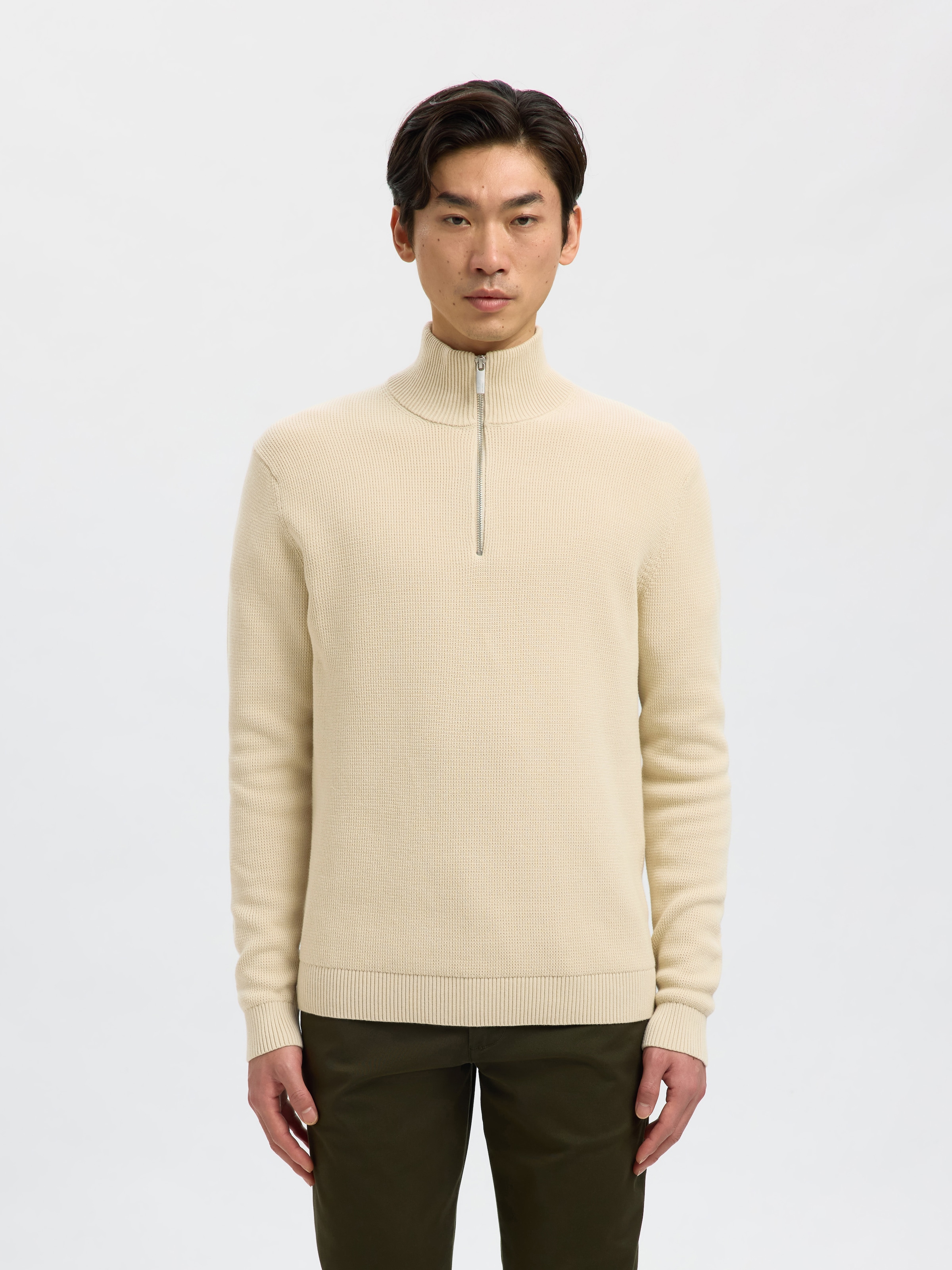 Image of SELECTED Troyer "SLHDANE LS KNIT STRUCTURE HALF ZIP NOOS" Baumwolle, regular fit
