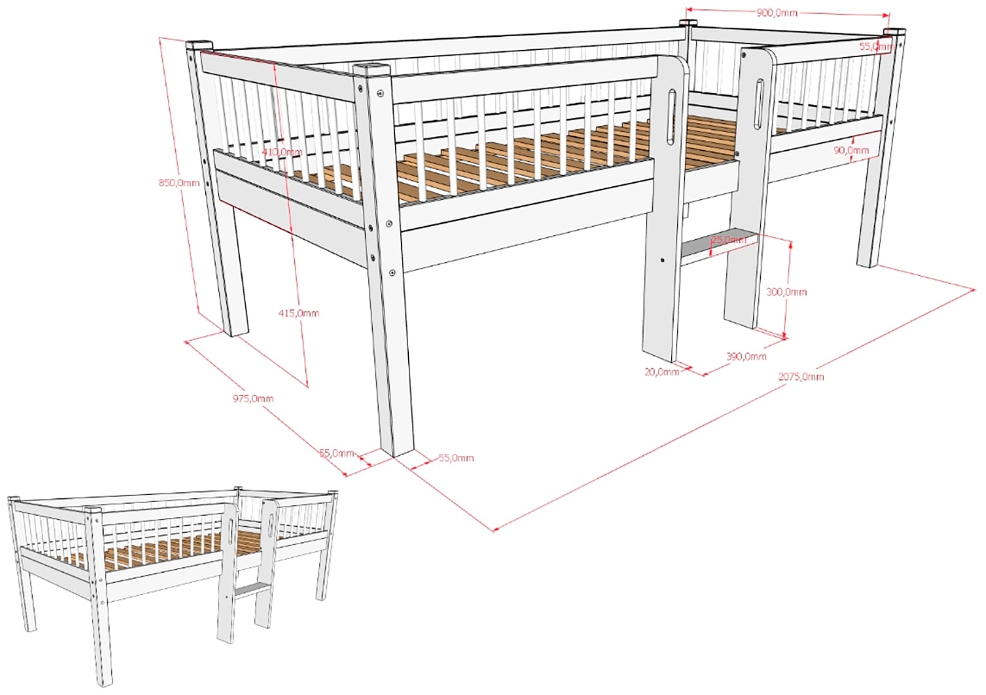 Vipack Massivholzbett »Forrest Made in Europe, stabil und hochwertig gebaut, mit 2 Rollboxen« 90/200 cm, mit Rollrost und Leiter, seitenverkehrt montierbar,  inkl. umlaufenden Absturzschutz in Sprossenoptik, Buche weiss lackiert