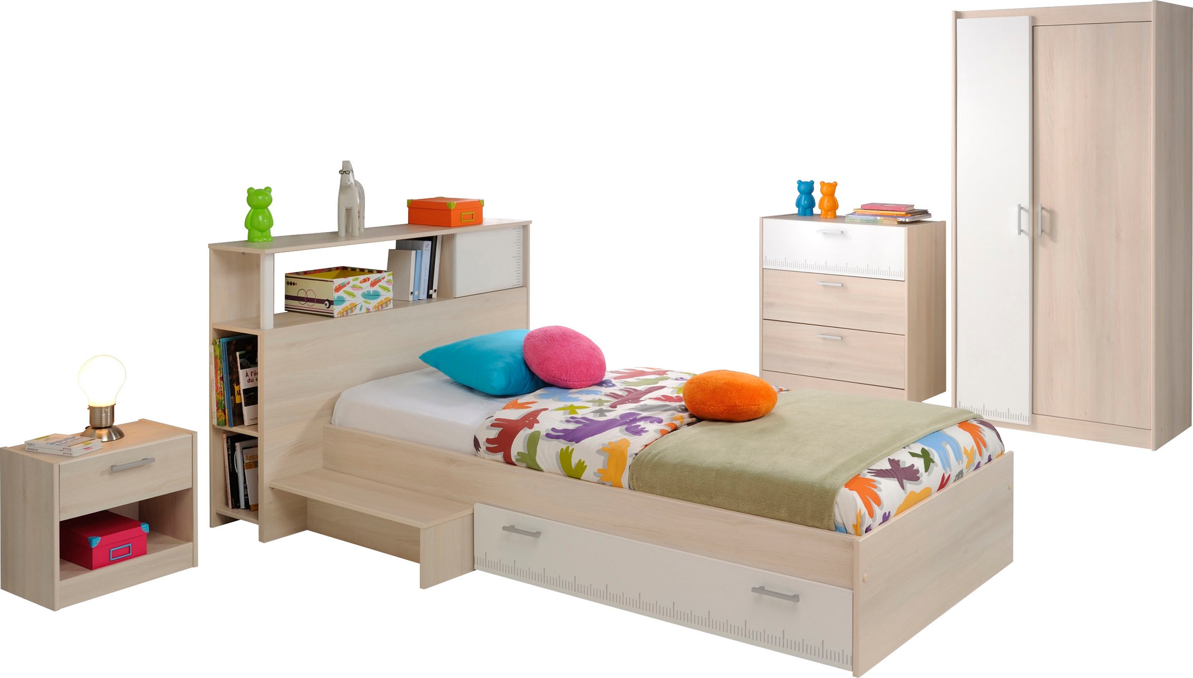 Parisot Jugendzimmer-Set »Charly 16«, (Set, 5 tlg., mit Anstellregal, Nachttisch, Kleiderschrank und Schubkastenkommode), mit einem Kleiderschrank