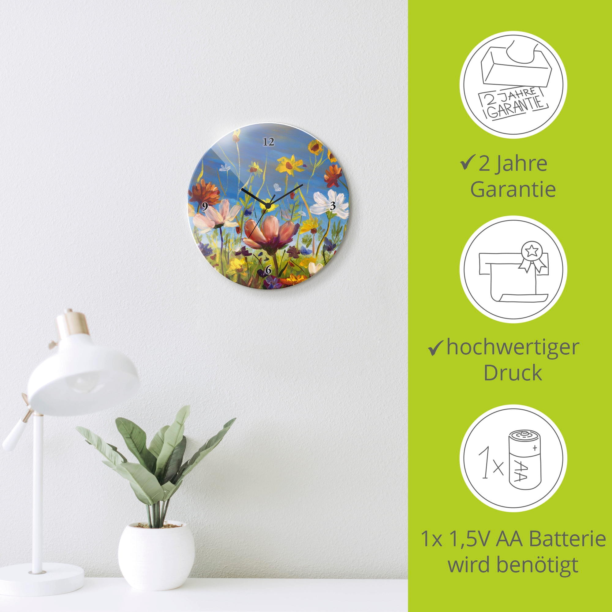 Artland Wanduhr »Glasuhr rund Wildblumenwiese« wahlweise mit Quarz- oder Funkuhrwerk, lautlos ohne Tickgeräusche