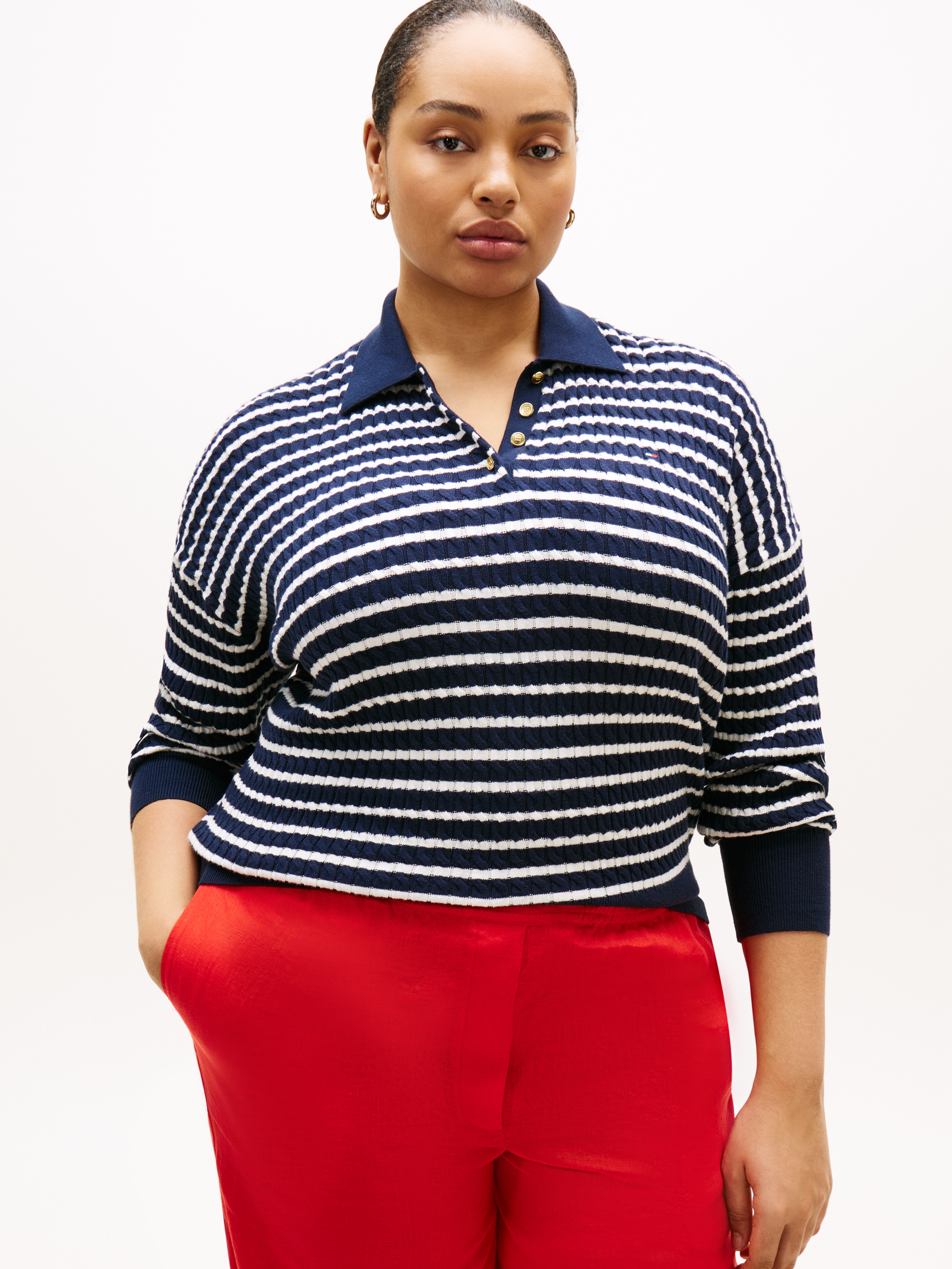 Image of Tommy Hilfiger Curve Polokragenpullover "CRV CO CABLE FINE GG RLX POLO" in grossen Grössen, mit Zopfmuster