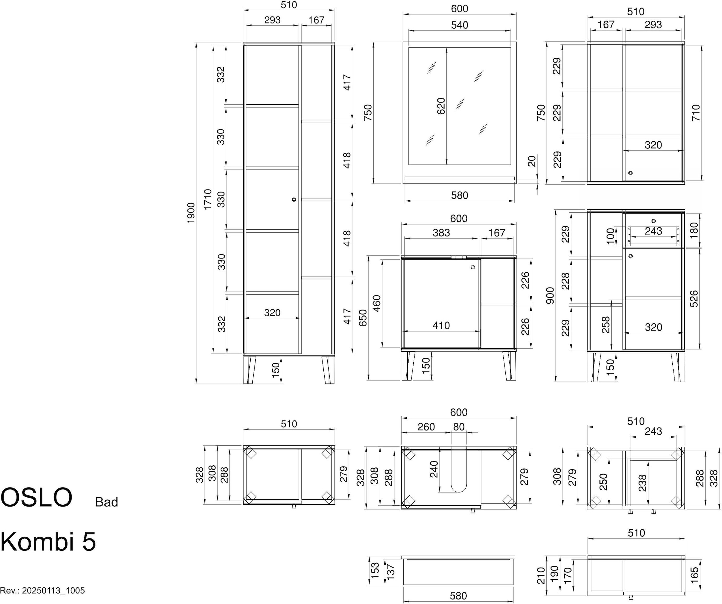 INOSIGN Badmöbel-Set »OSLO, Bad im skandinavischen Design, 5-teiliges Badezimmer« Set, 5 Stk. tlg.