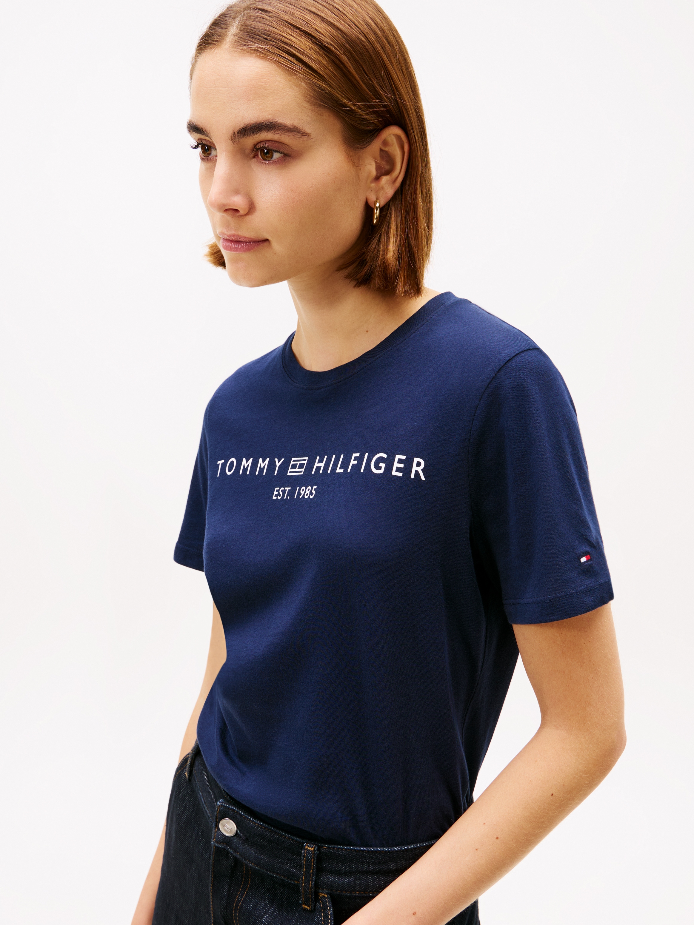 Tommy Hilfiger T-Shirt »REG CORP LOGO C-NK mit Logoschriftzug und Stickerei«, meliert, casual, regular fit, Baumwolle, Rundhals