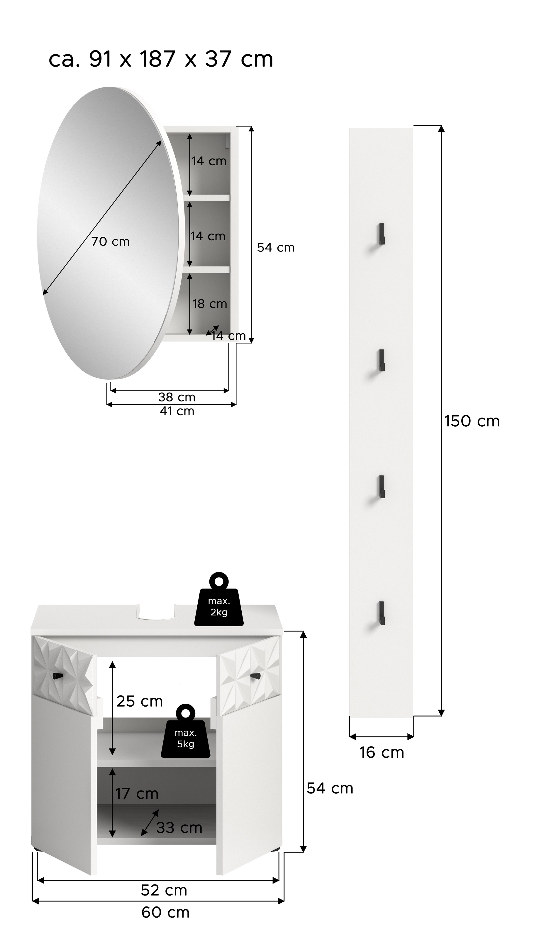 INOSIGN Ensemble de salle de bains »VICENZA, TOPSELLER!, Breite 91cm, 3-teilig, mit Ornamentabsetzung« best. aus: Waschbeckenunterschrank, Spiegelschrank und Hakenleiste, 