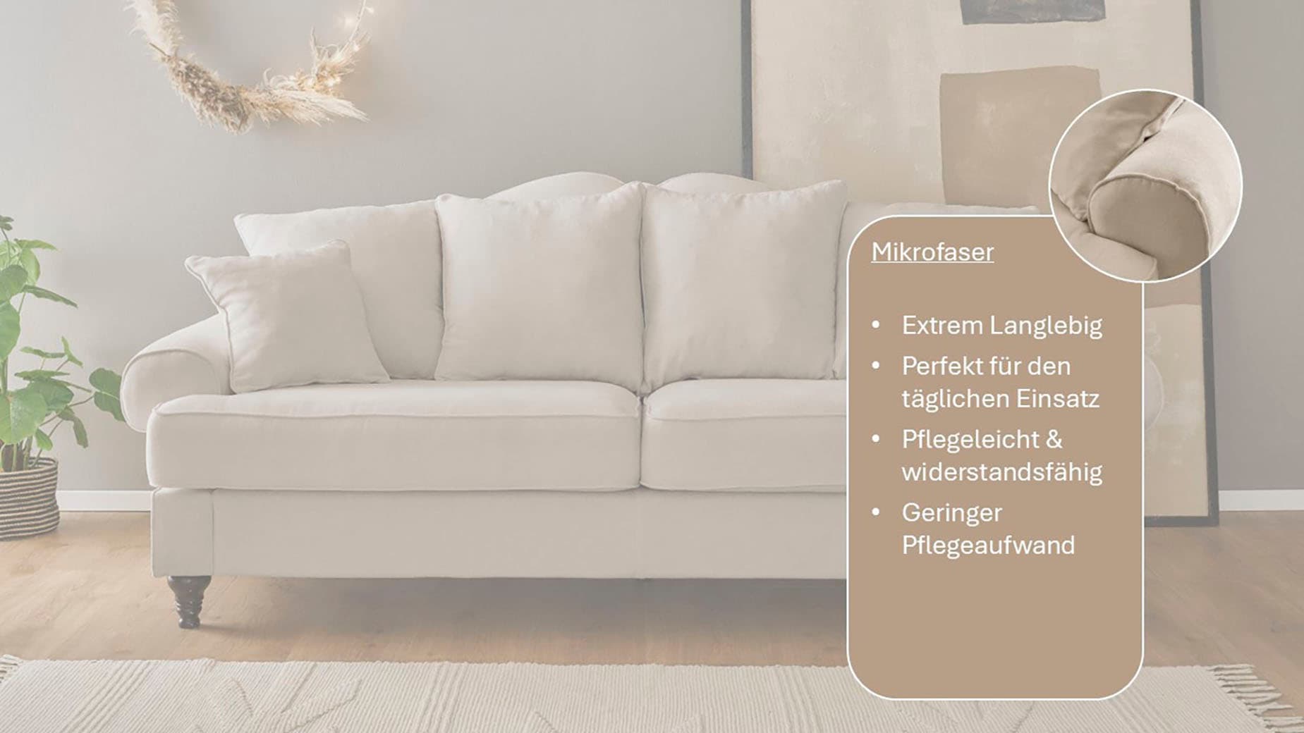 GOODproduct 3,5-Sitzer »Westminster, Sofa im Landhausstil, Couch mit Zierkissen« Federkern-Polsterung, gedrechselter Fuss, hochwertiger Microfaserbezug