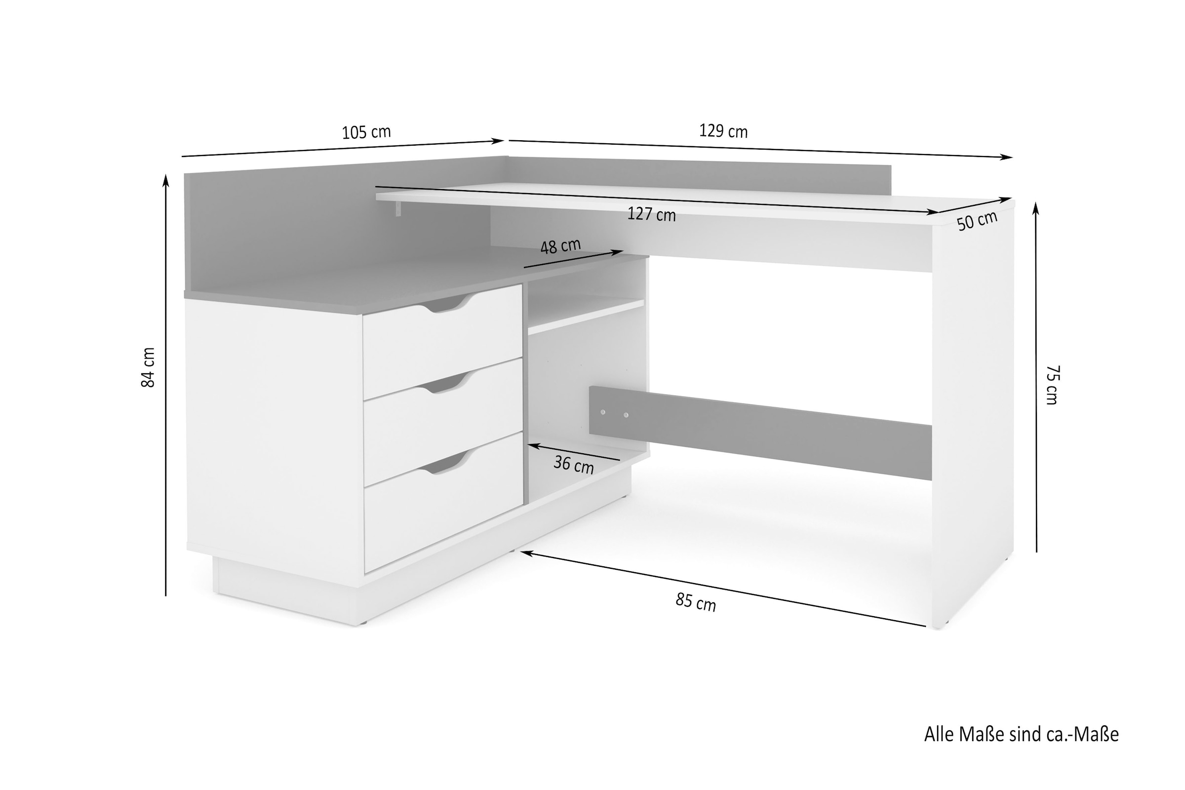 byLIVING Eckschreibtisch »Bern«, mit viel Stauraum, Breite 129 cm, rechts oder links montierbar