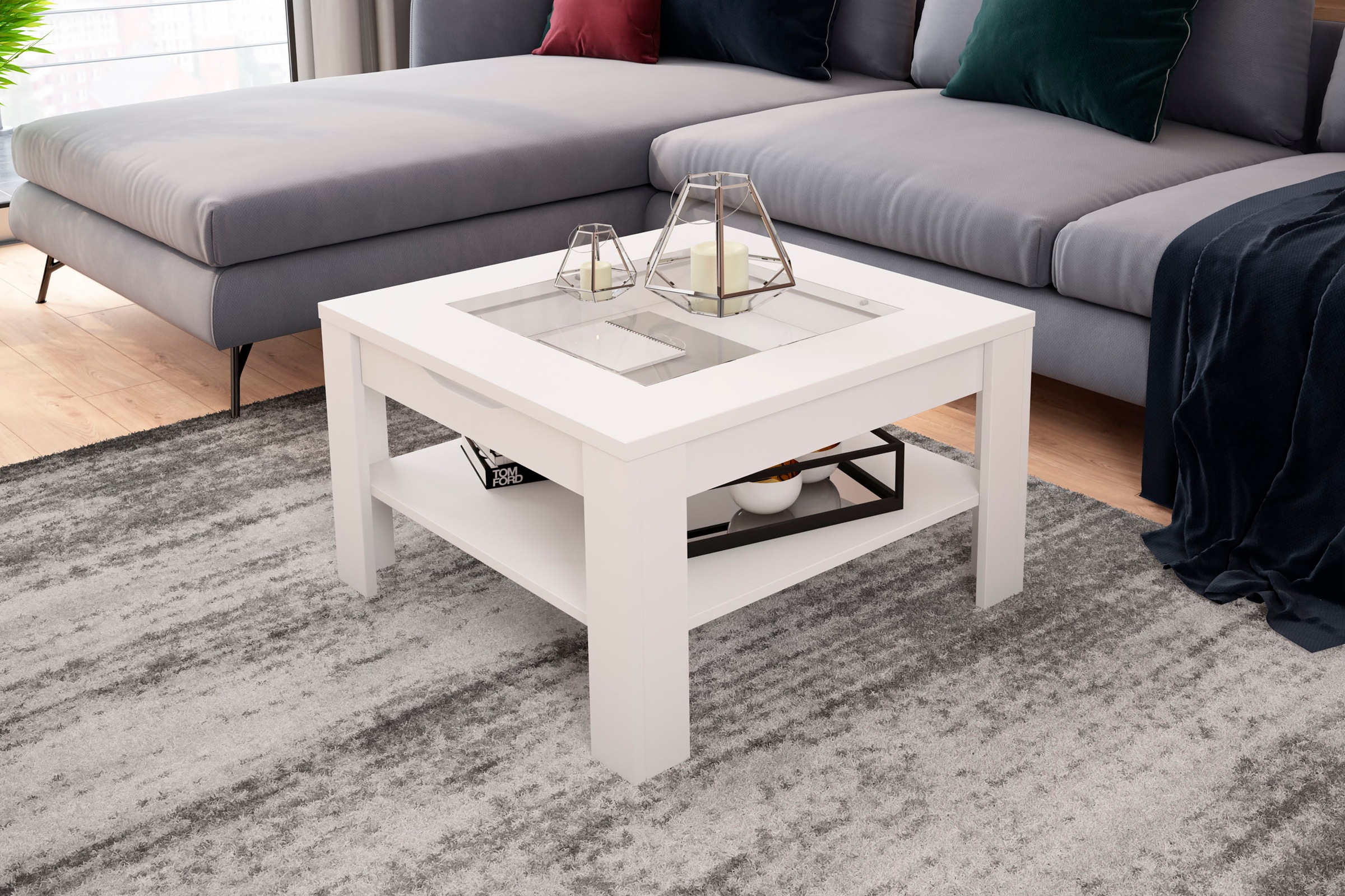 byLIVING Couchtisch "RALPH" Artisan Eiche, Old Wood oder weiss, 1 Schubkasten, Glaseinlageplatte