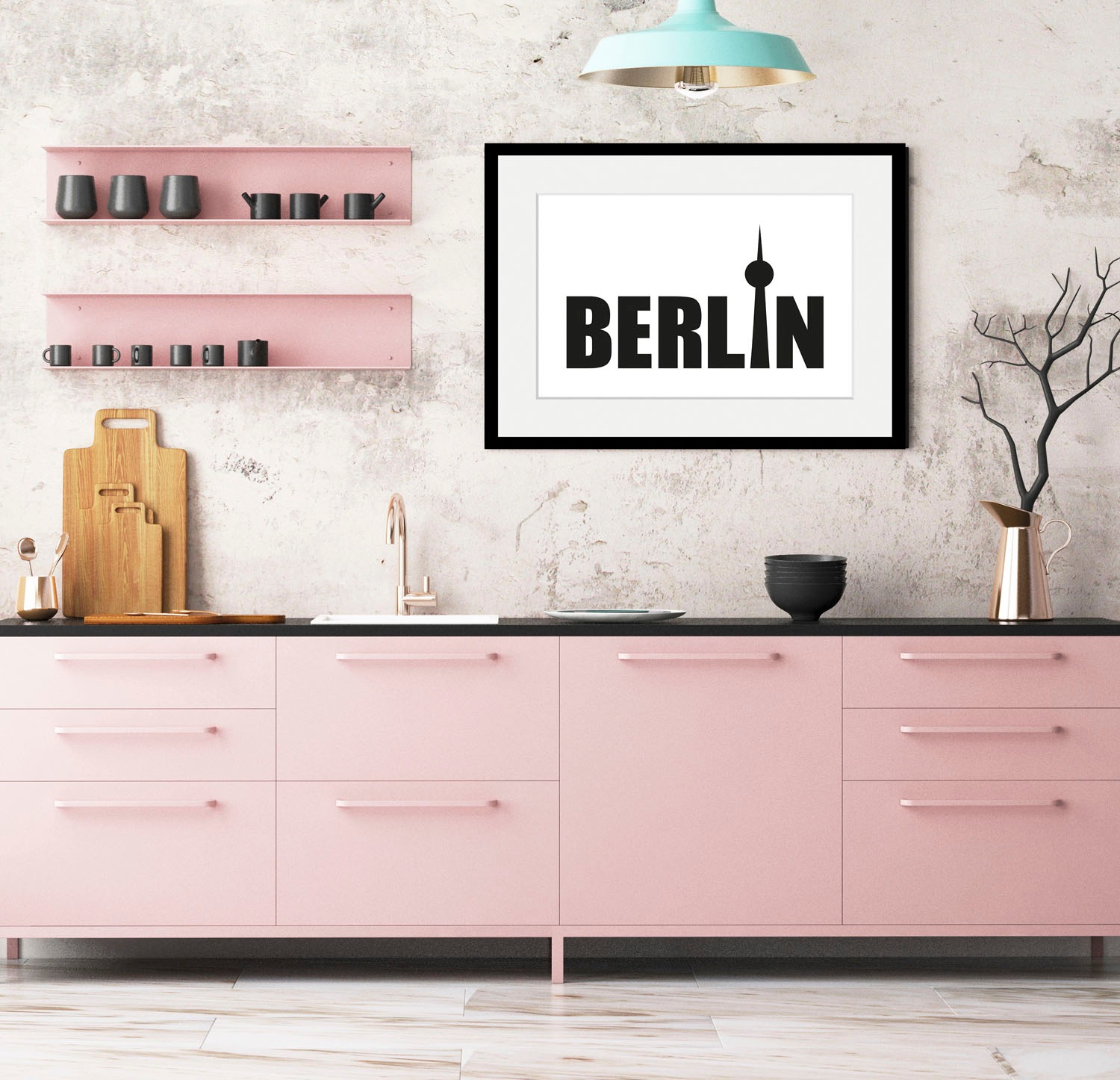 Image of queence Bild "Berlin Tower" Berlin Deutschland Schriftzug Schwarz-Weiss Stadt Städte 1 Stk. tlg. HD Premium Poster-Druck inkl. Holzrahmen