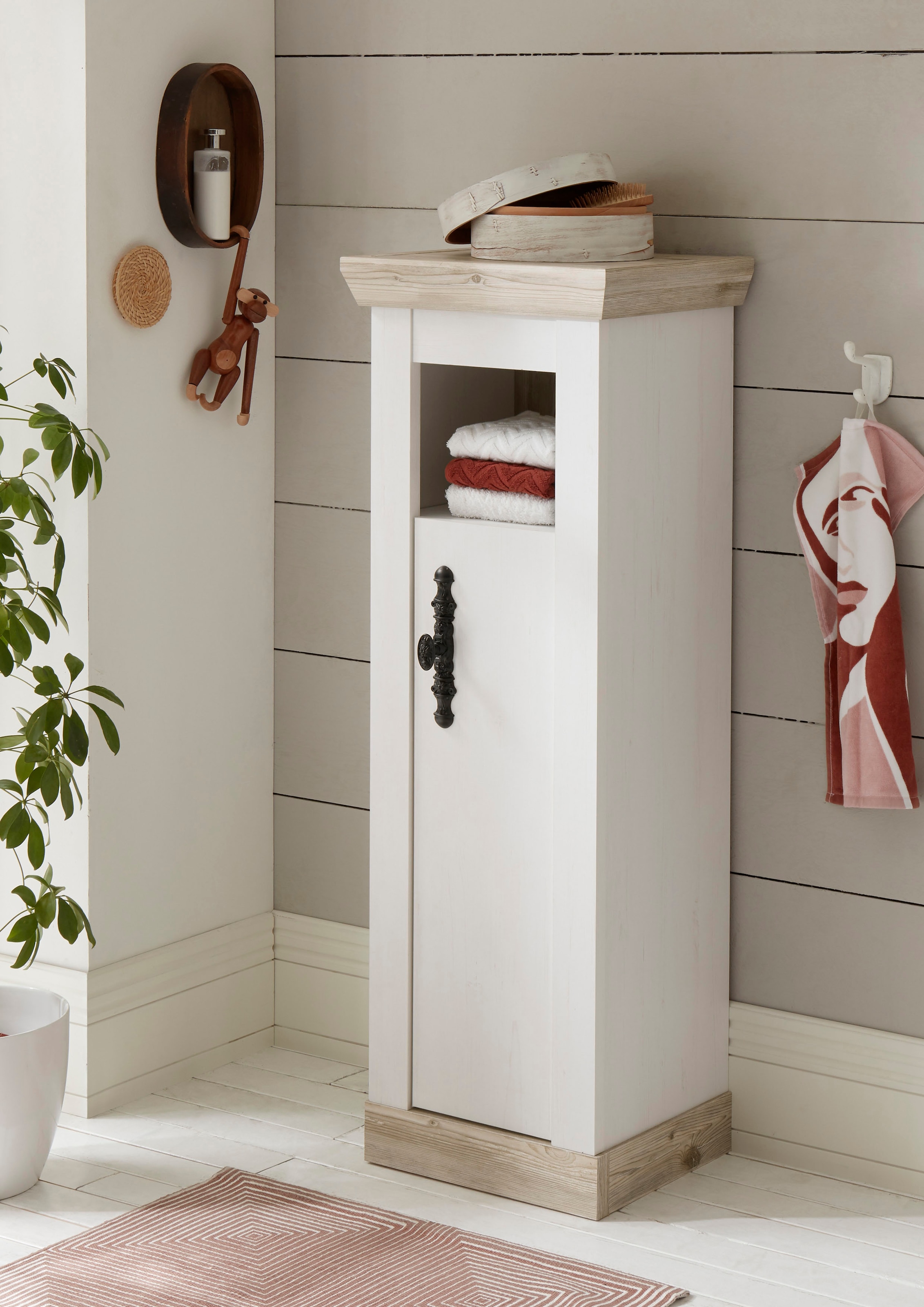 Home affaire Midischrank »Florenz, Badschrank im Landhausstil, Schrank mit Metallgriffen«, in Pinie Weiss, offenes Fach und Stauraum hinter Drehtür