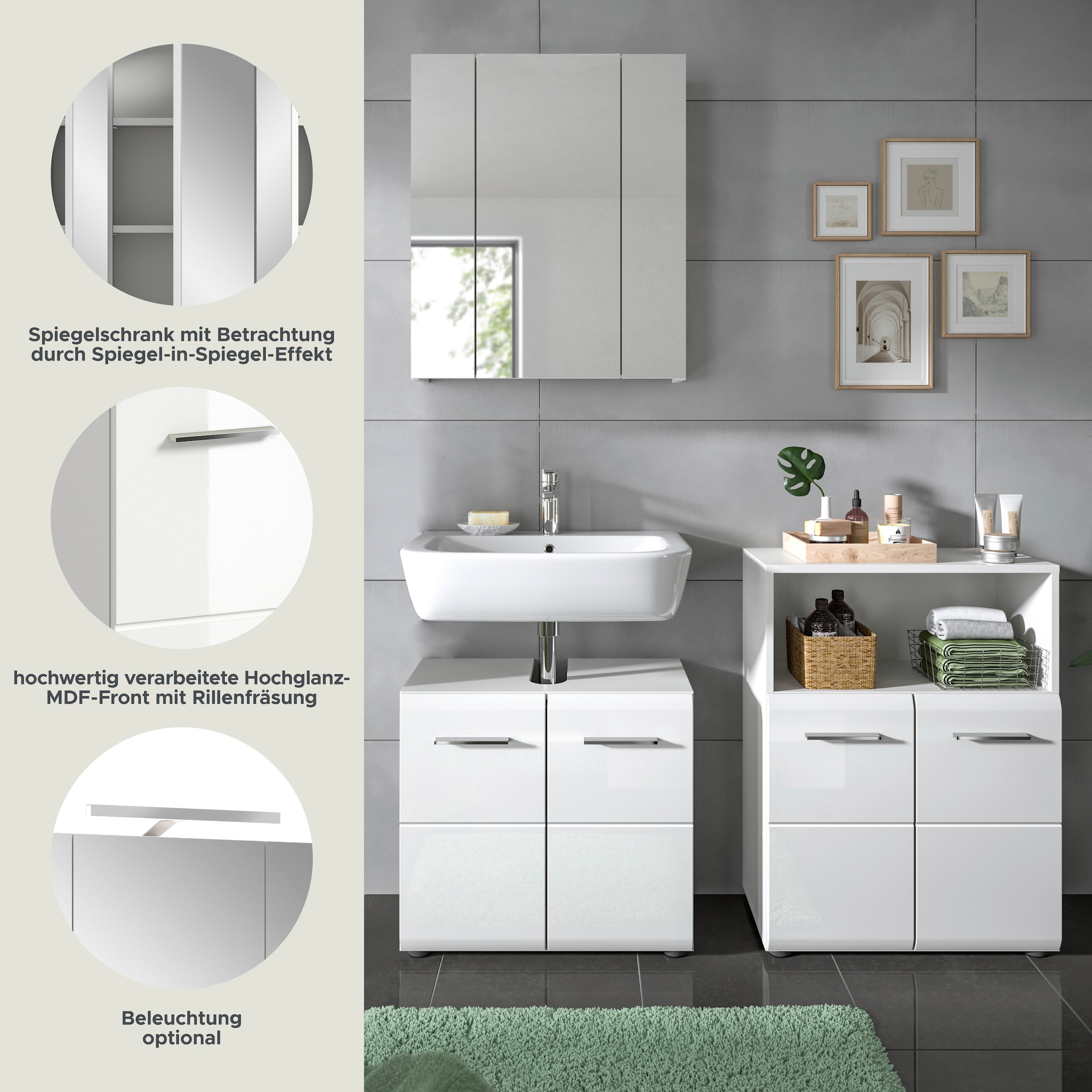 INOSIGN Badmöbel-Set »FLORENZ, TOPSELLER!, 3-teilige Badkombination, hochwertige MDF-Front« Set, best. aus: Waschbeckenunterschrank, Spiegelschrank, Midischrank breit, 