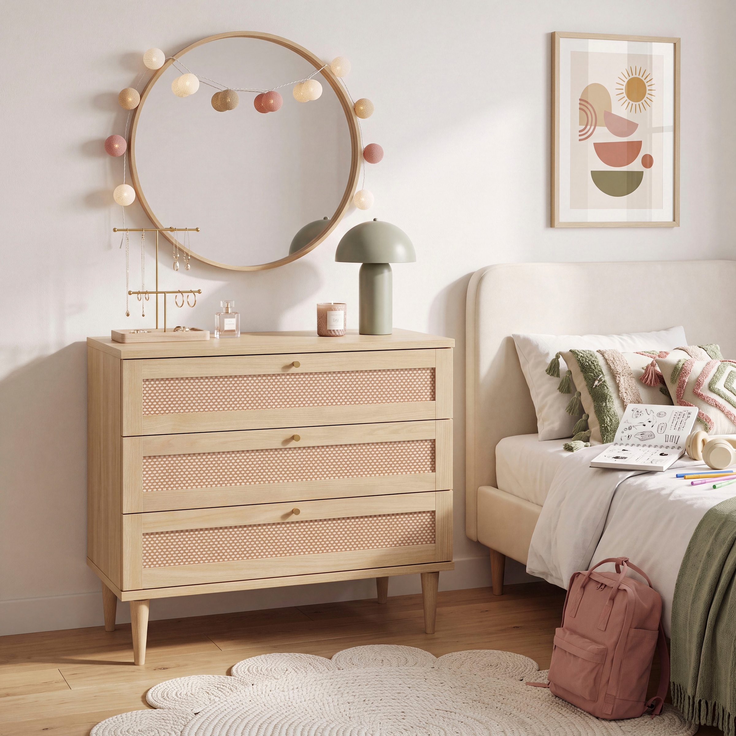 GOODproduct Kommode »ELLIAN mit Geflechtoptik warmes Holzdekor, 3 Schubkästen« Holzfüsse, Metallgriffe, Made in EU, viel Stauraum