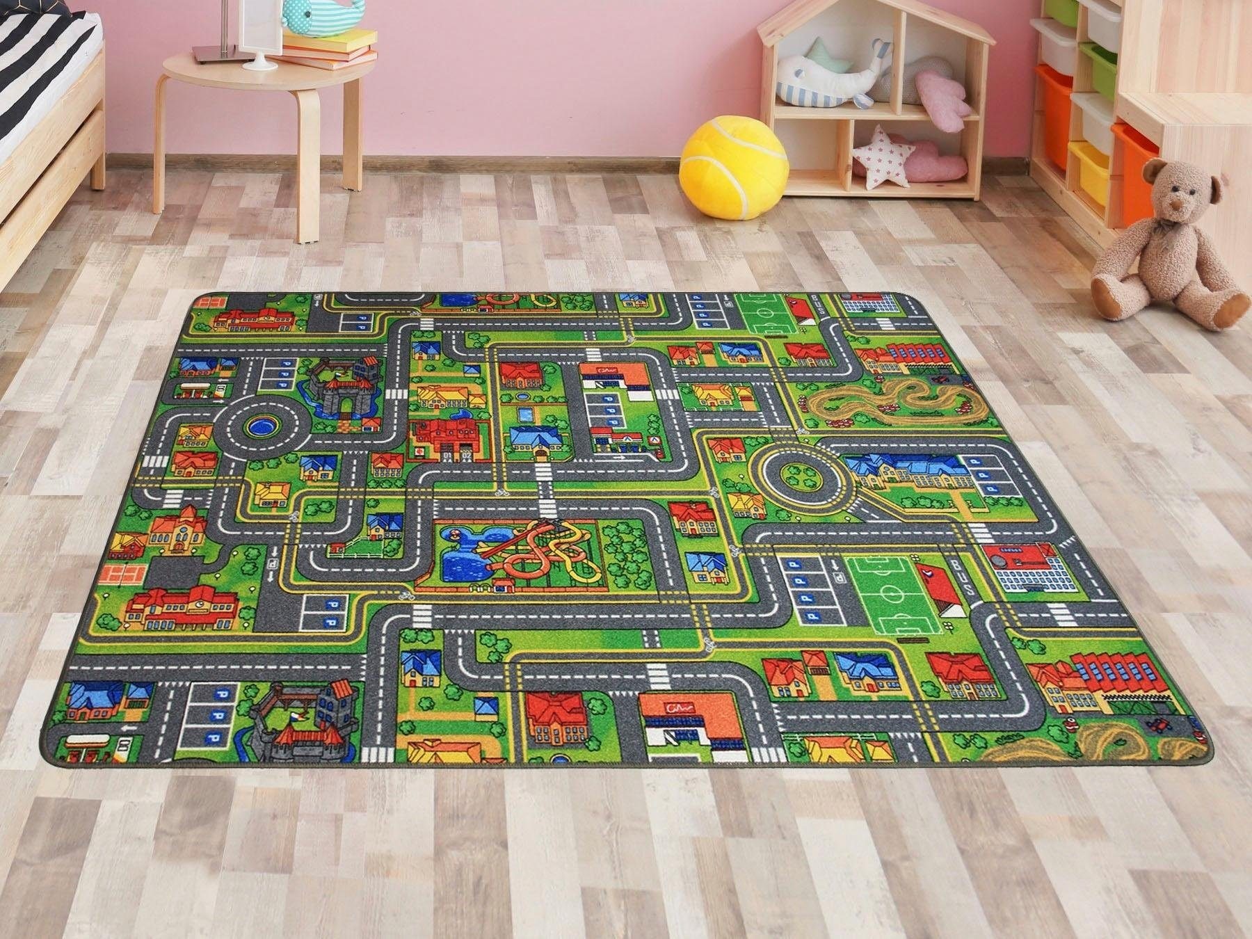 Primaflor-Ideen in Textil Kinderteppich »STREETS, Made in Belgium«, rechteckig, 5 mm Höhe, Strassen-Spiel-Teppich, Strassenbreite ca. 9 cm, Kinderzimmer