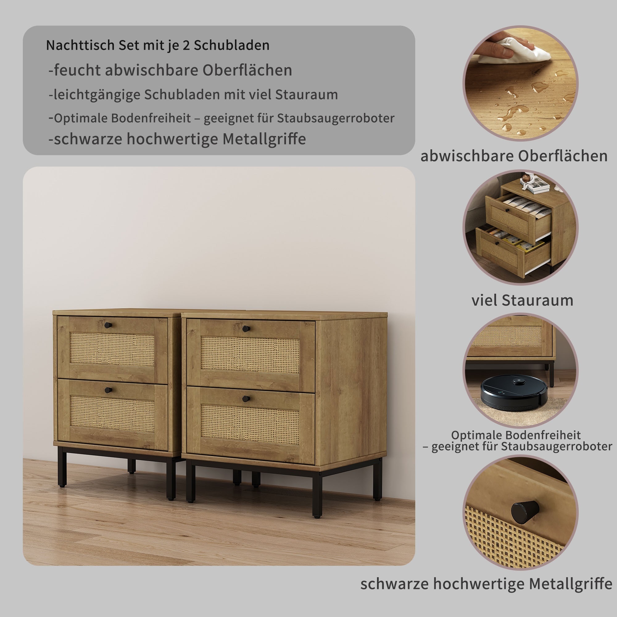GOODproduct Nachtkommode »Motala Nachtschrank Set BOHO Style mit Geflecht Schubladen Bestseller« Set, 2 Schränke im Set - Eichen-Design mit schwarzen Griffen, 