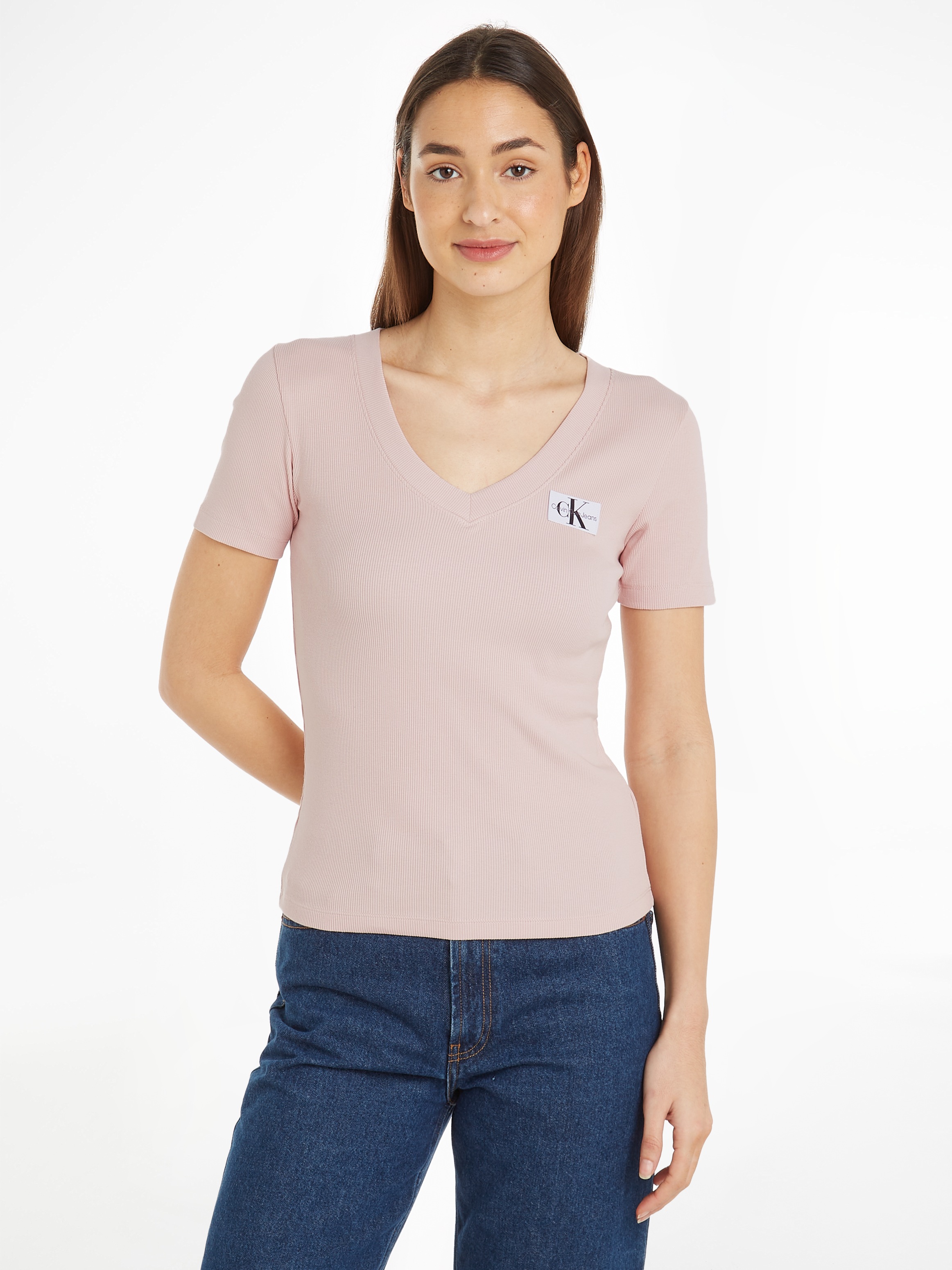 Calvin Klein Jeans T-Shirt »WOVEN LABEL RIB V-NECK TEE«, mit Logomarkenpatch-Calvin Klein 1