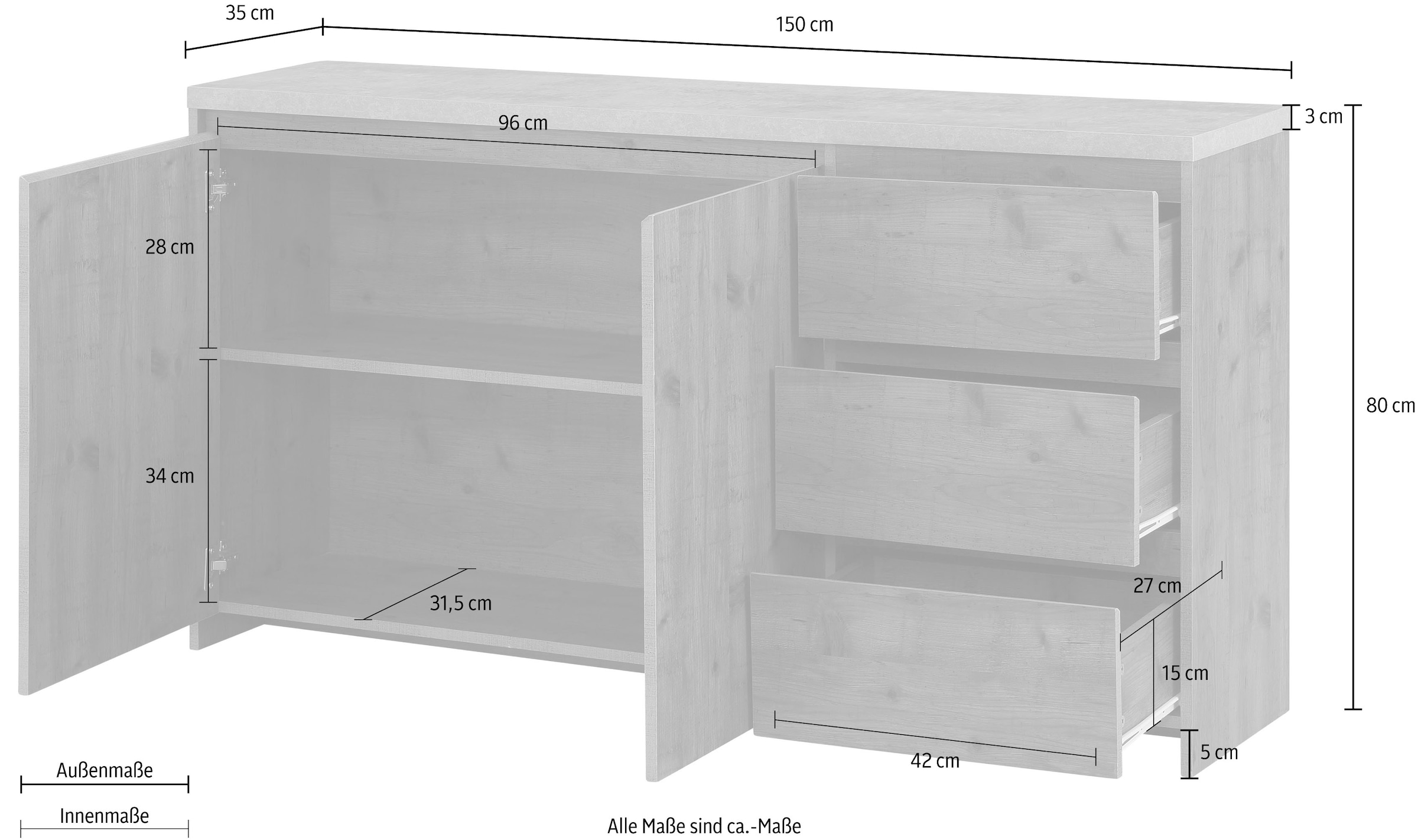 Home affaire Sideboard »Maribo«, im modernen Landhaus-Stil, mit schöner Betontopplatte, Breite 150 cm