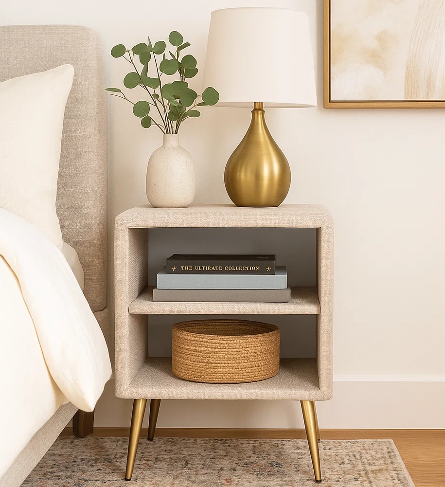 Home affaire Table de nuit »MOIVRE Polster-Nachtkommode wahlweise mit 2 Schubladen oder Fächer« Nako auf goldenen Beinen, Masse B/T/H: 41/40,5/53,5cm, passend zum Bett