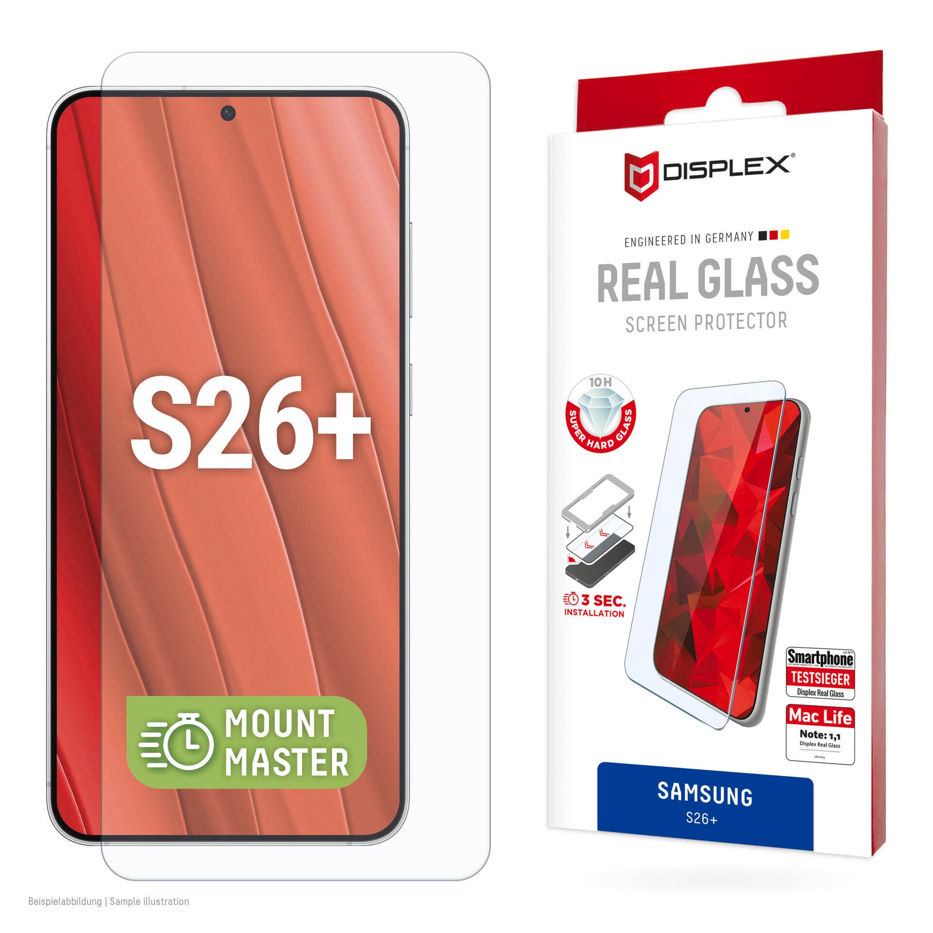 Displex Displayschutzglas "Real Glass Screen Protector mit MountMaster" für Samsung Galaxy S26+ Displayschutzfolie, Schutzfolie, Bildschirmschutz, kratz- & stossfest