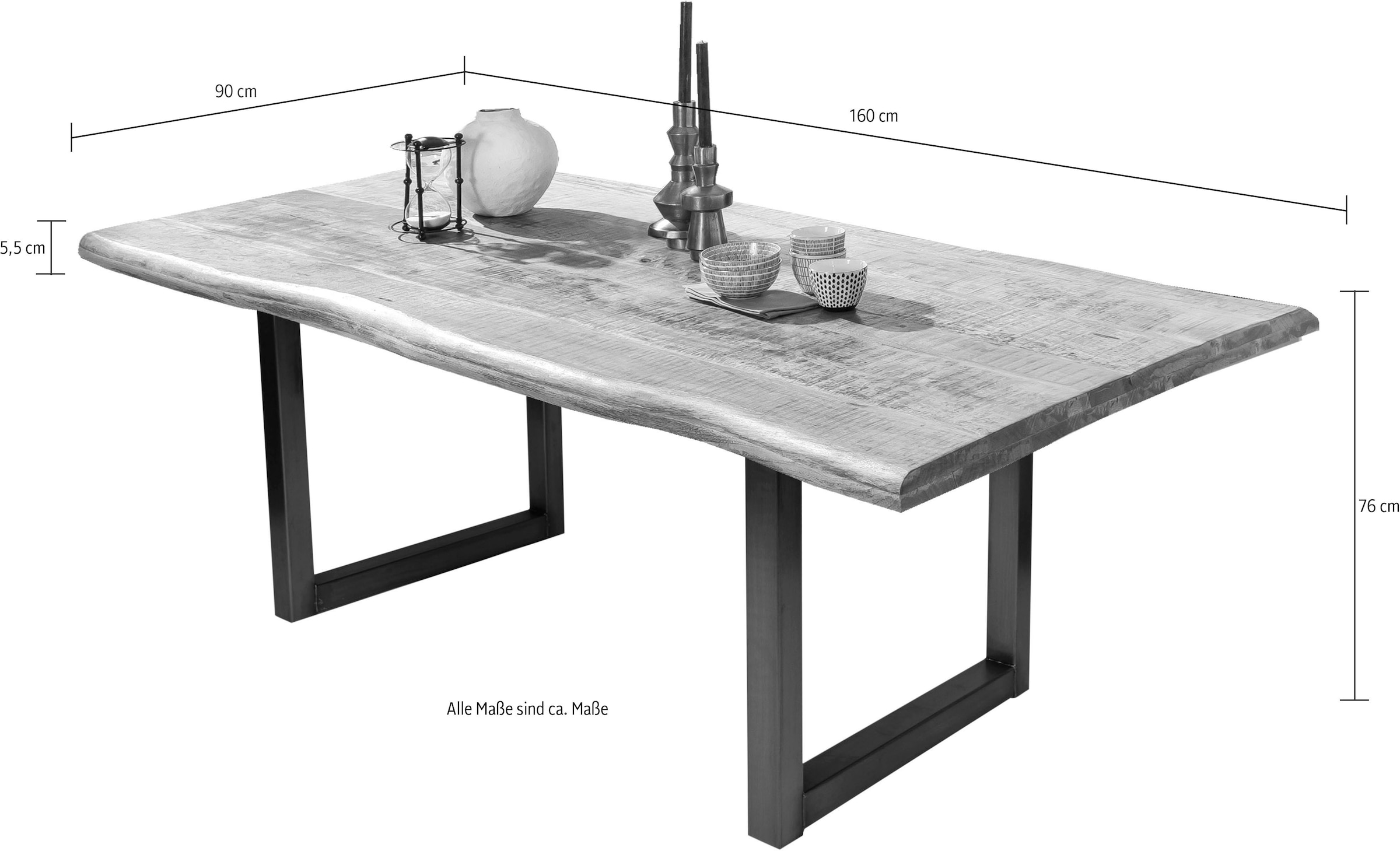 SIT Table en bord d'arbre »Dijon Mango Esstisch in Naturfarben mit Metall-Kufengestell« Bois massif de manguier avec chant naturel comme poussé & pièce unique