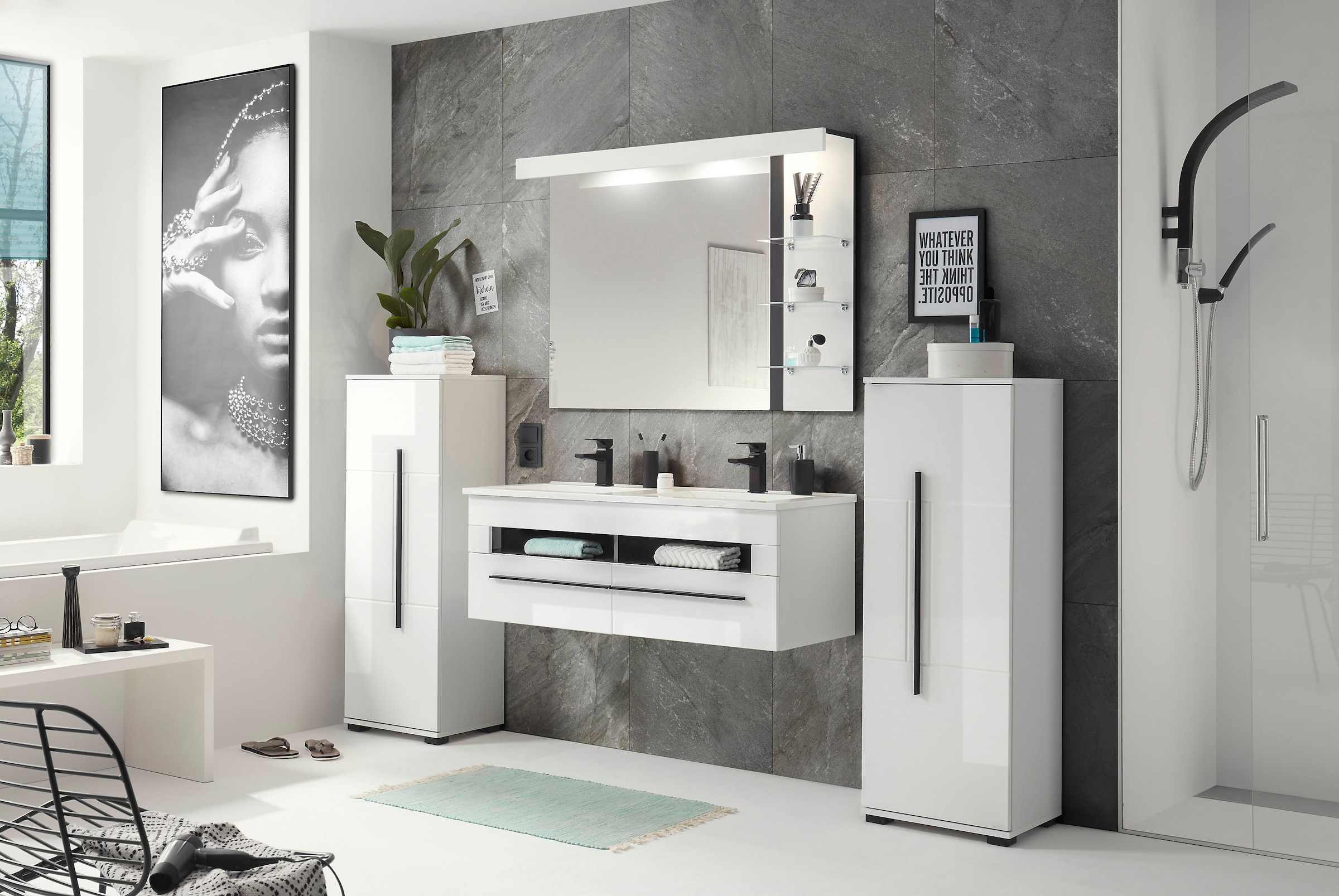 INOSIGN Midischrank »Cantara, Badschrank in Hochglanz Weiss, Schrank im modernen Design«, mit schwarzen Griffen, ausreichend Stauraum