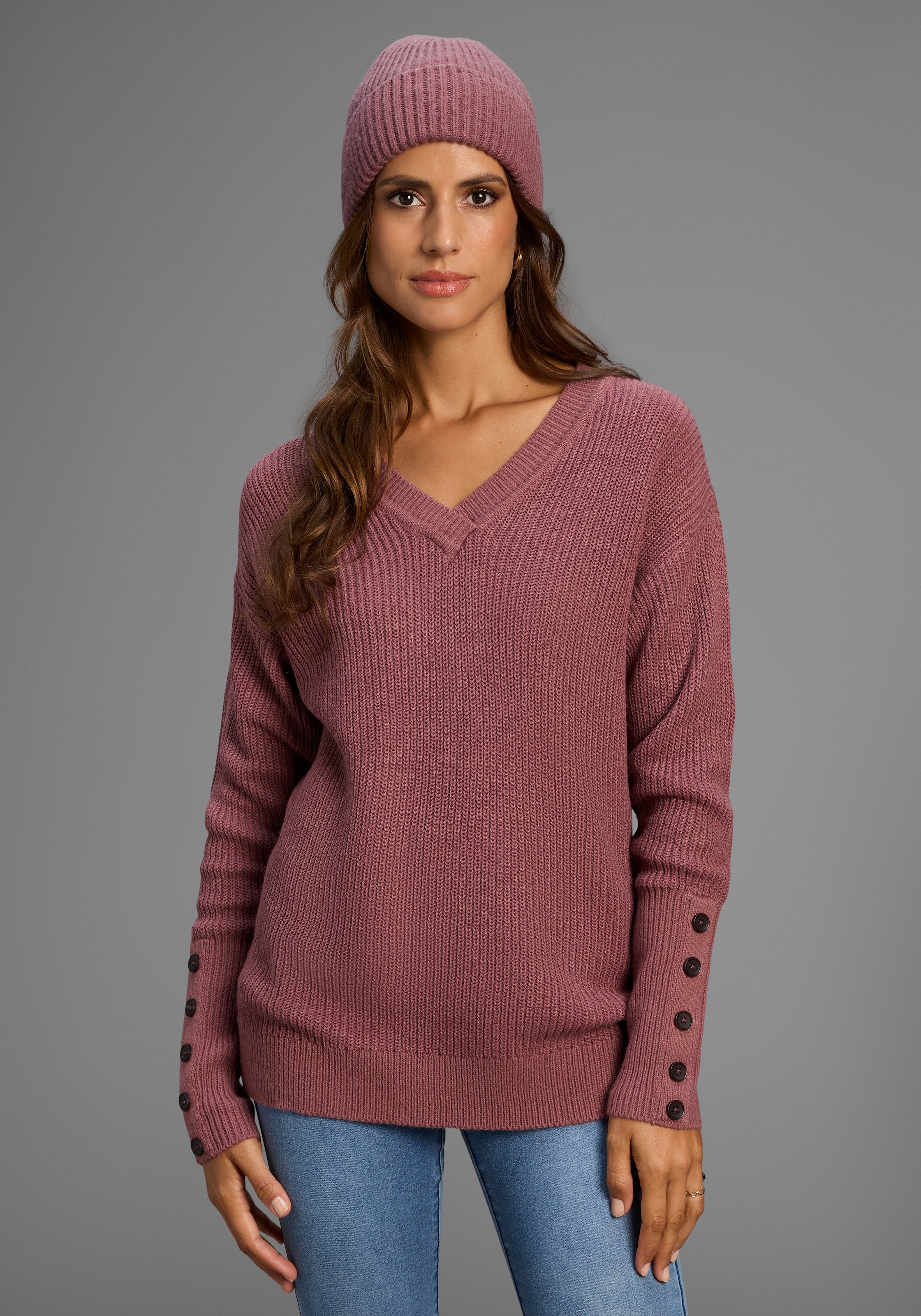 Image of Laura Scott V-Ausschnitt-Pullover Übergangspullover aus Baumwolle mit Knopfleiste - NEUE KOLLEKTION