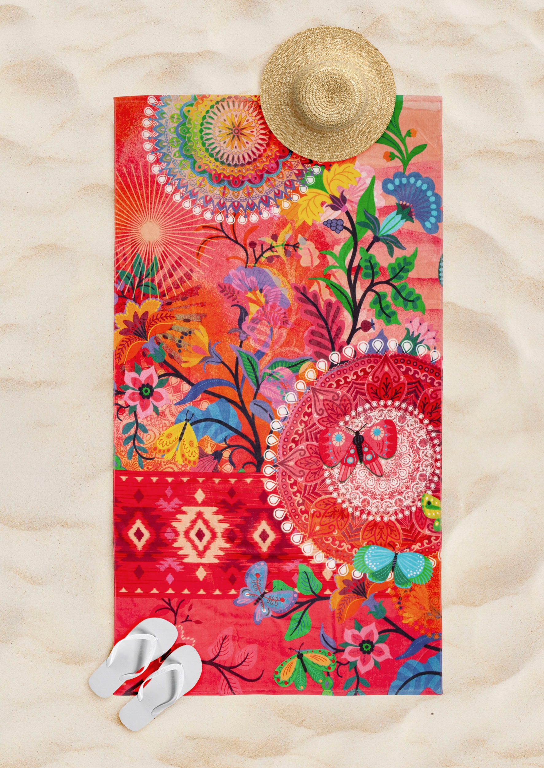 hip Serviette de plage »Giselah« Baumwolle, Velours, 100x180, Weich, Strand, Mandala, Rosa, Rot, Bunt
