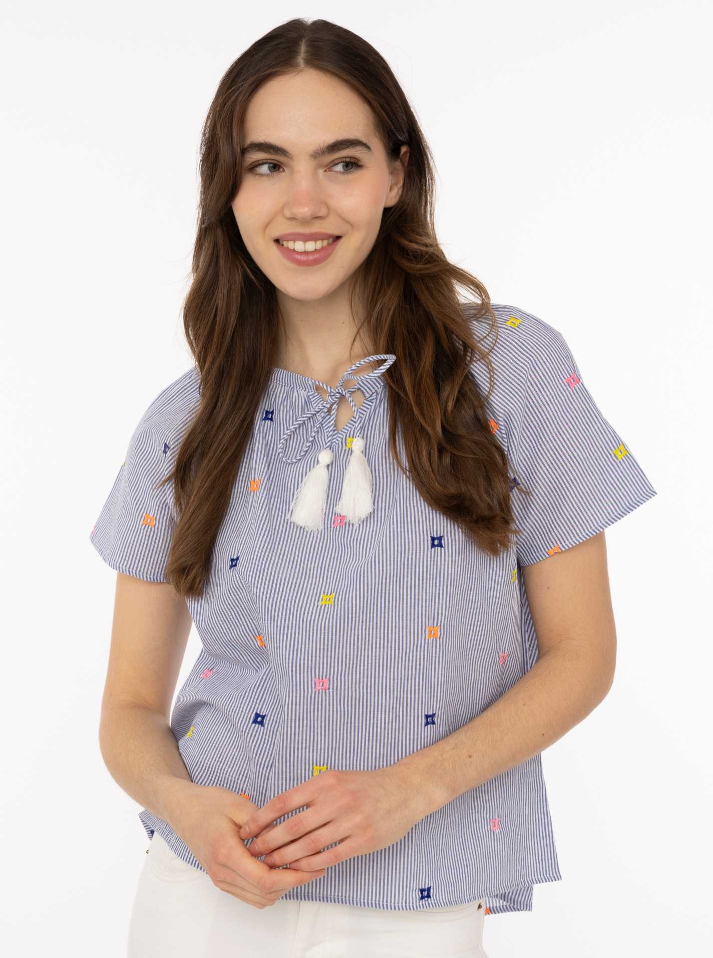 Zwillingsherz Kurzarmbluse »"Stripe & Stitch"« Kurzarm, mit Stickerei, Tunnelzug und Tasseln