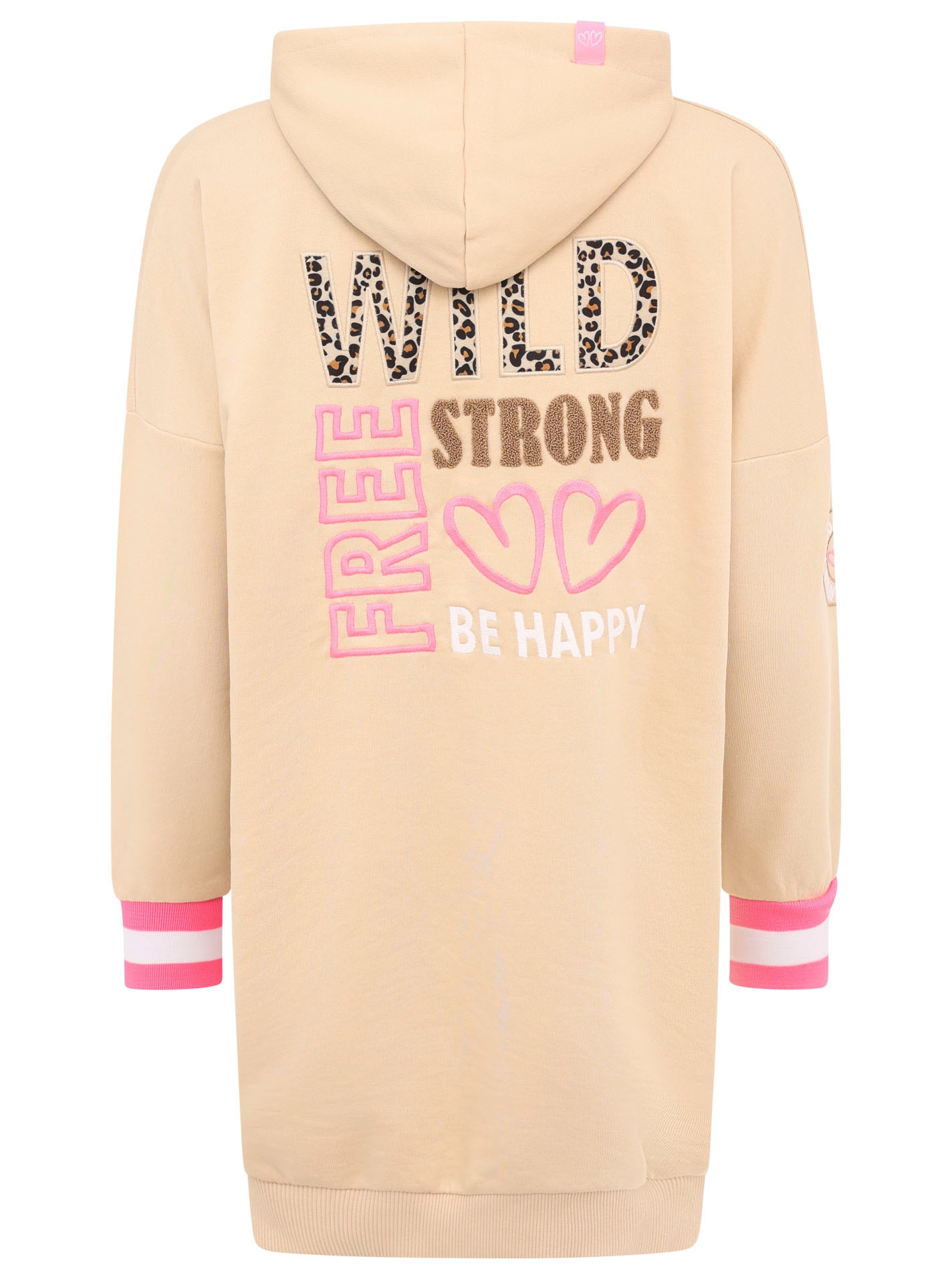 Zwillingsherz Sweatkleid »"Wild Free"«, mit Kapuze, Tasche, Leo-Detail und grosser Stickerei hinten