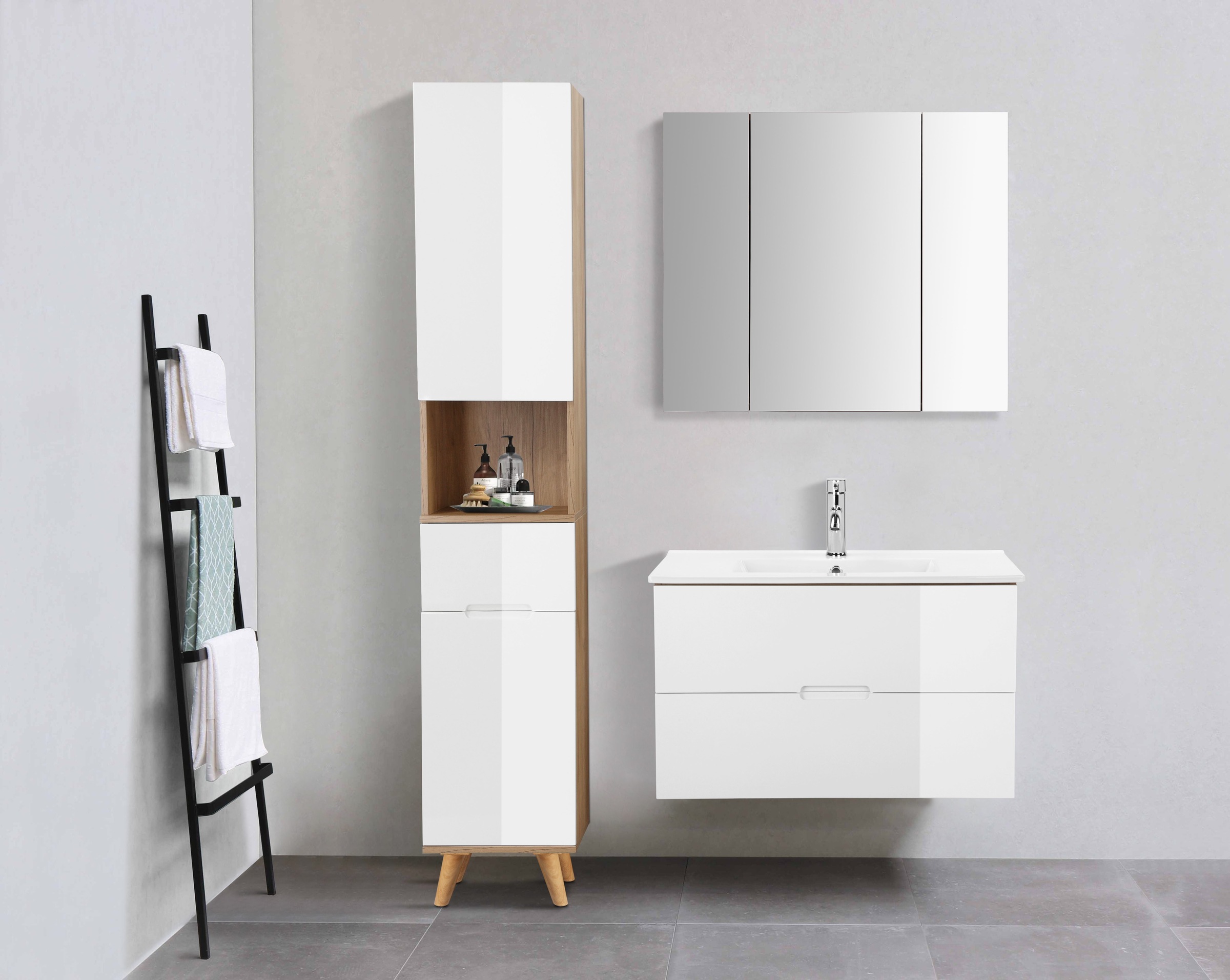 welltime Waschtisch "Lund Badezimmerschrank Unterschrank mit Becken" Set, Waschplatz mit Waschbecken und 2 Auszügen Breite 80 cm