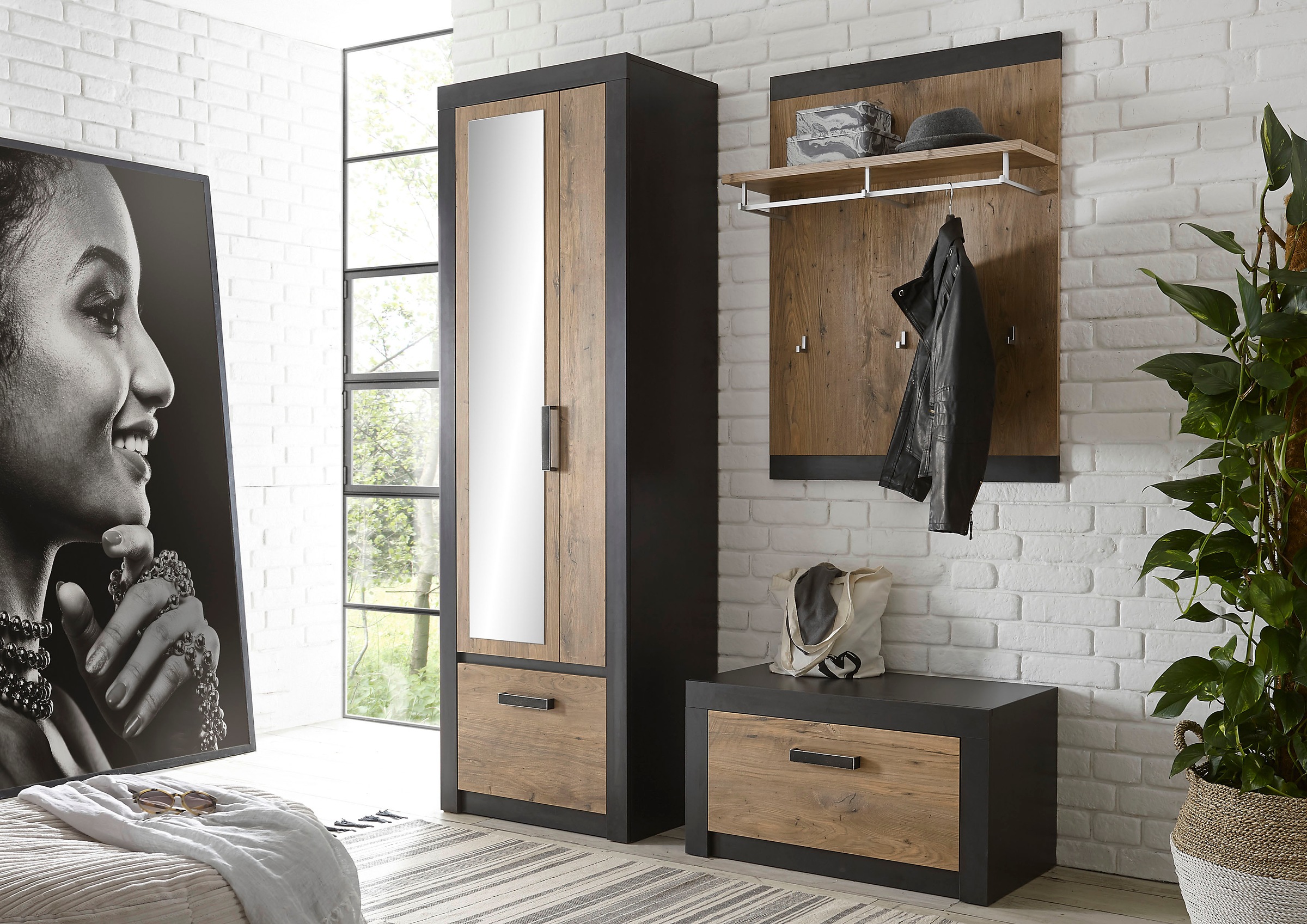 Image of my home Garderoben-Set »BRÜGGE«, (Komplett-Set, 3 St., bestehend aus Garderobenschrank mit Spiegel, Garderobenbank und -paneel), mit einer dekorativen Rahmenoptik bei Ackermann Versand Schweiz
