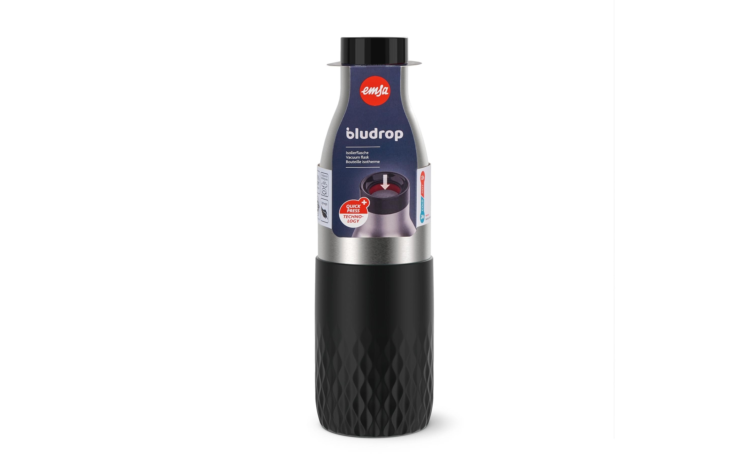 Emsa Gourde »Bludrop Sleeve« acier inoxydable/silicone, Quick-Press, 12h chaud/24h froid