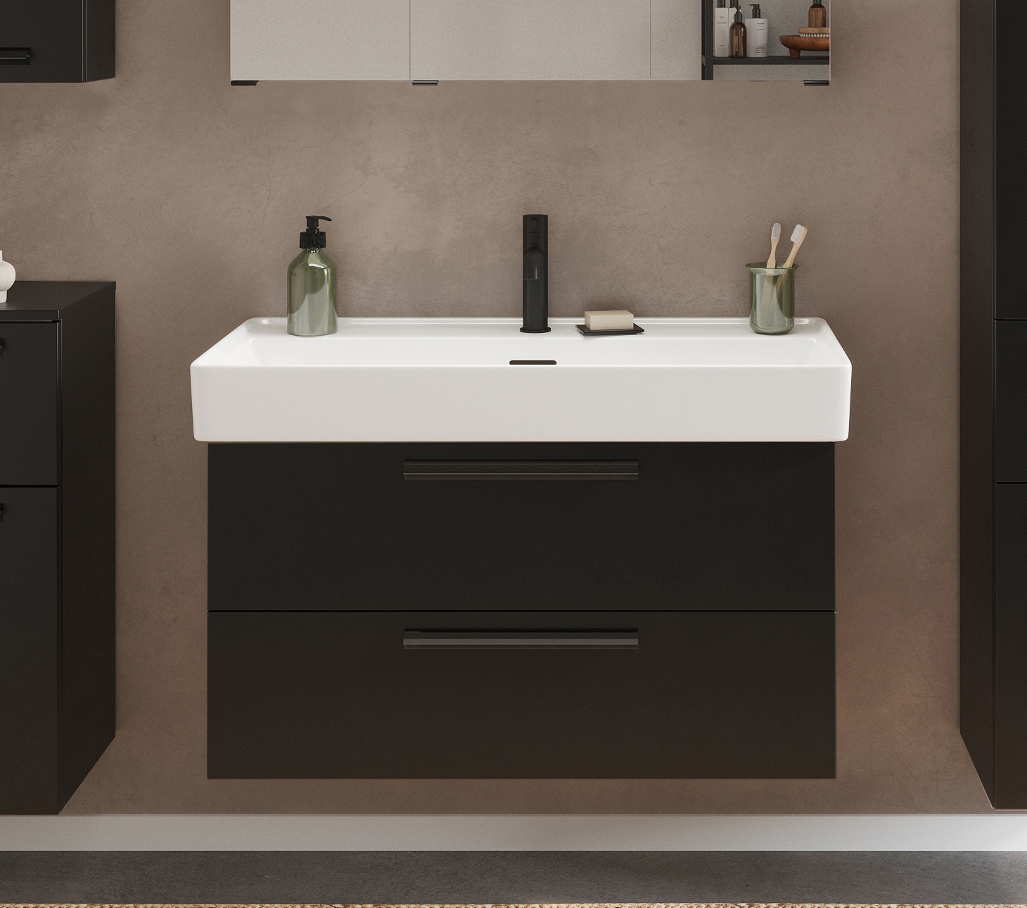 welltime Waschtisch "SALVADA, Softclose-Auszüge, Keramikbecken" Maße (B/T/H): 100/48/63 cm, Schwarz, Lochbohrung für eine Armatur, Anti-Finger-Print