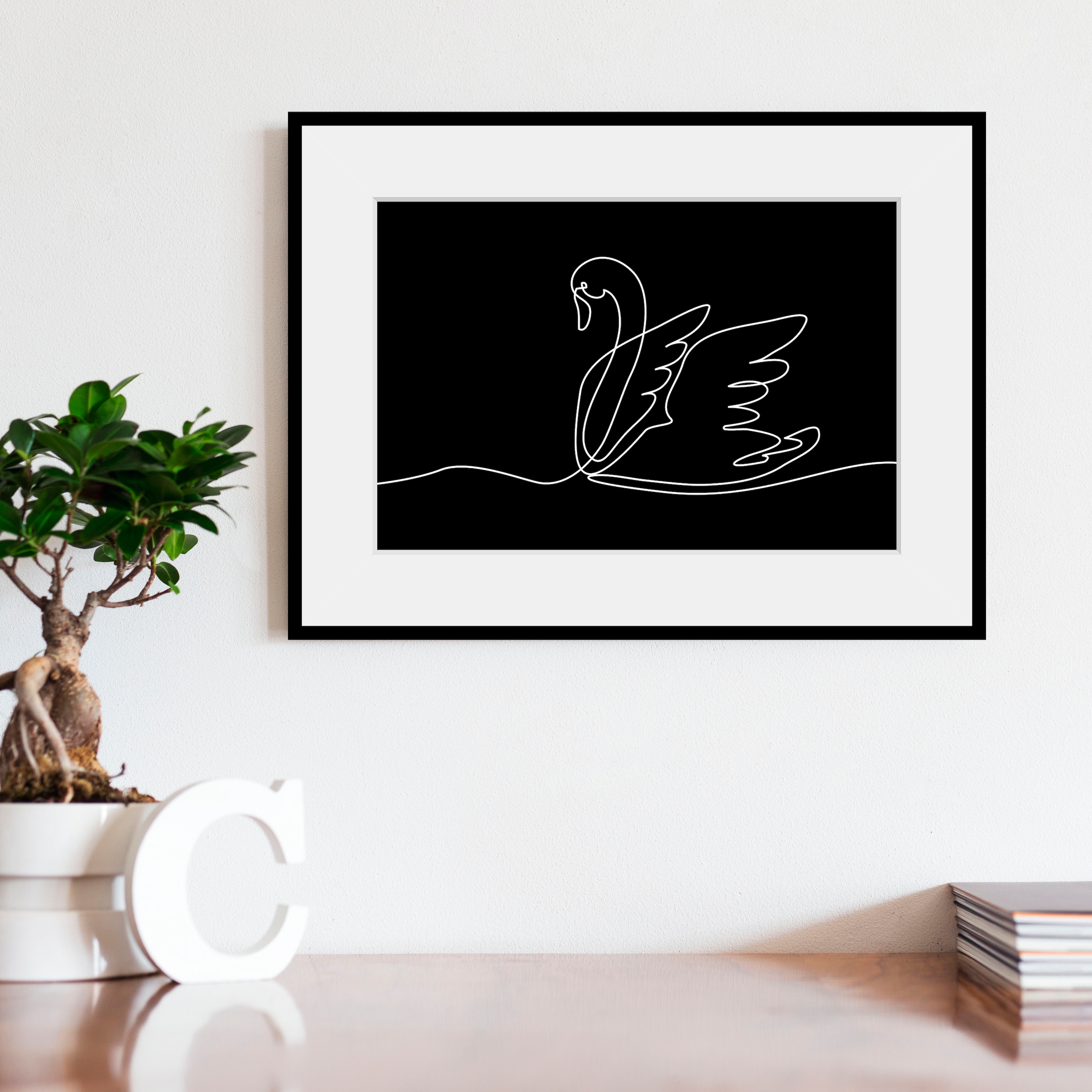 Image of queence Bild "Alessa" Kunst Modern Schwanen Bilder Schwarz-Weiss 1 Stk. tlg. HD Premium Poster-Druck inkl. Holzrahmen