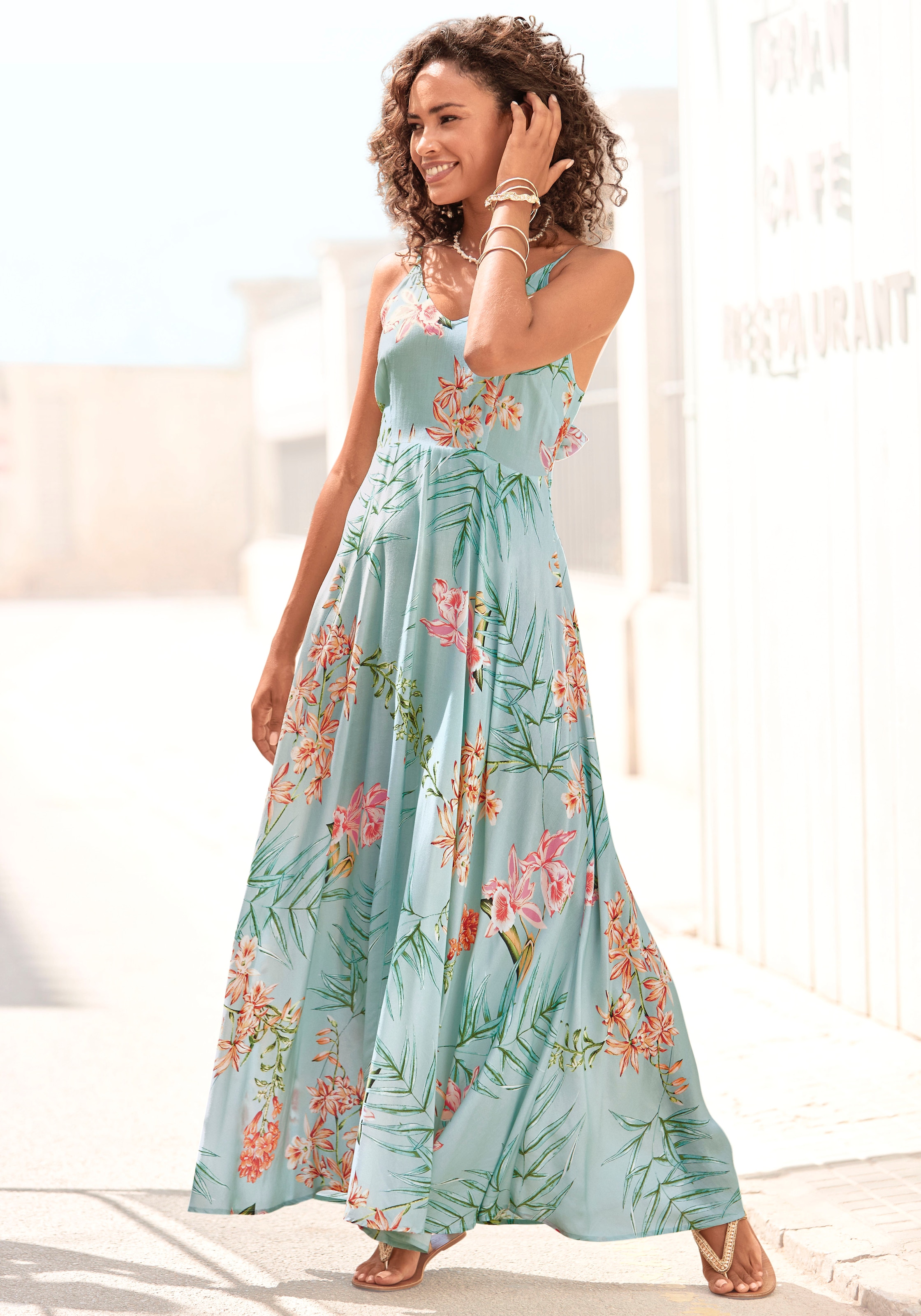 Image of LASCANA Maxikleid "Cut-Out am Rücken aus leichter Webware mit Blumendruck" Ohne Taschen Elegantes Sommerkleid, Spaghettikleid, Viskosekleid, festlich
