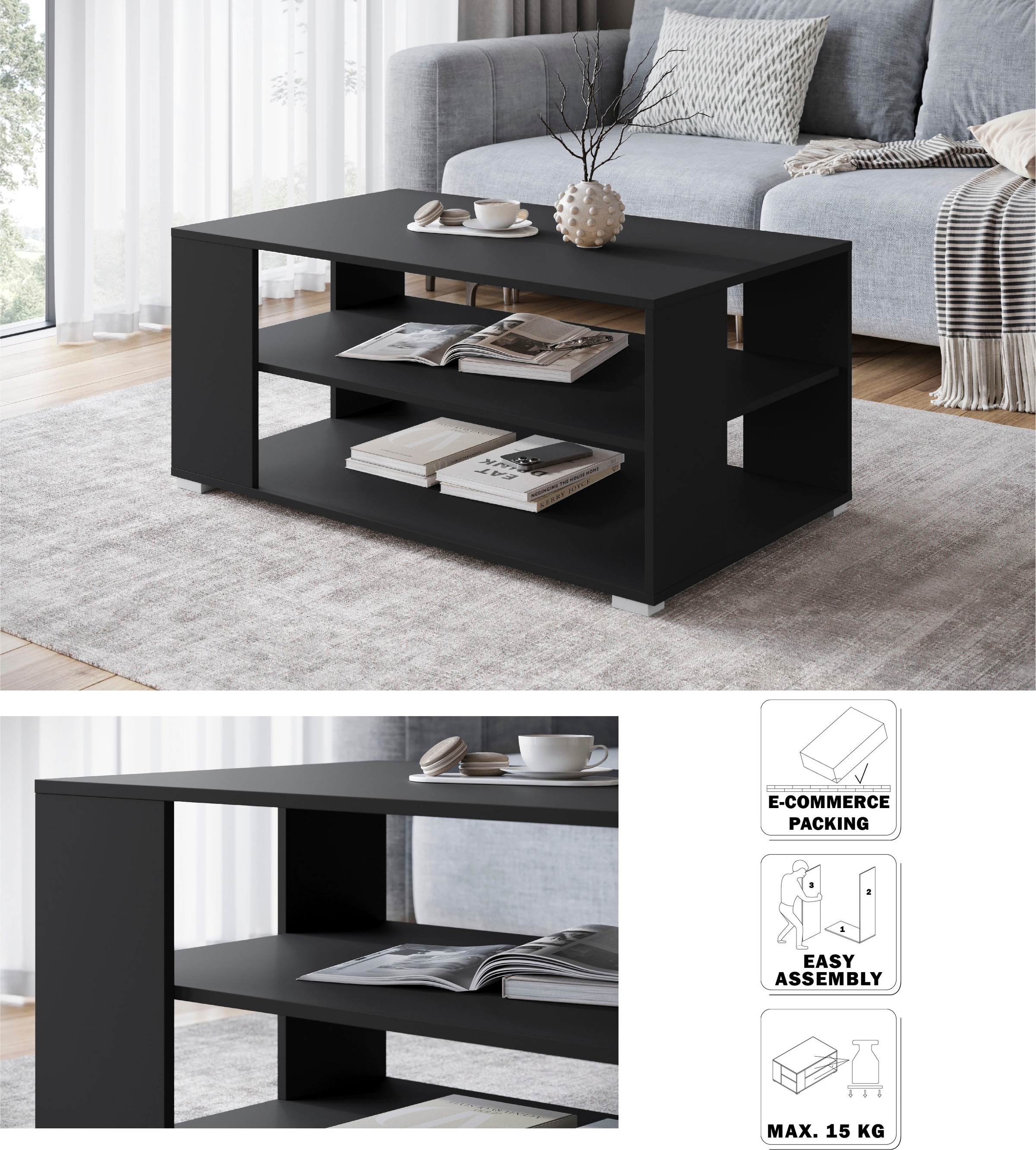 Home affaire Table basse »Kenia« 1 cuis tlg. Table basse rectangulaire, 100x66 cm, avec 2 étagères