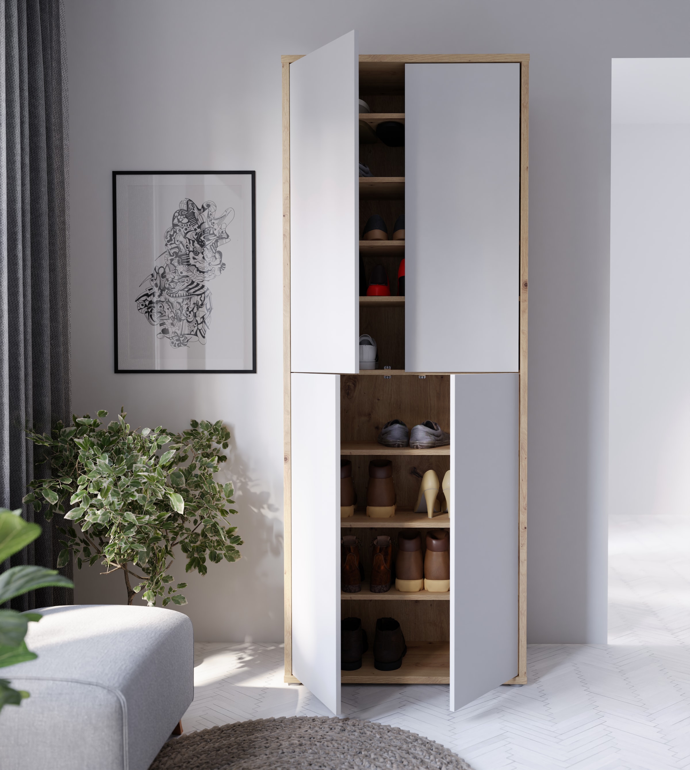 FORTE Schuhschrank »Alice Springs, Schuhschrank, Höhe 191,9 cm, 4 Türen, viel Platz« B/H/T 74,5/191,9/34,9 cm,  Stauraumschrank, Mehrzweckschrank, Breite 74,5 cm, mit 8 Böden