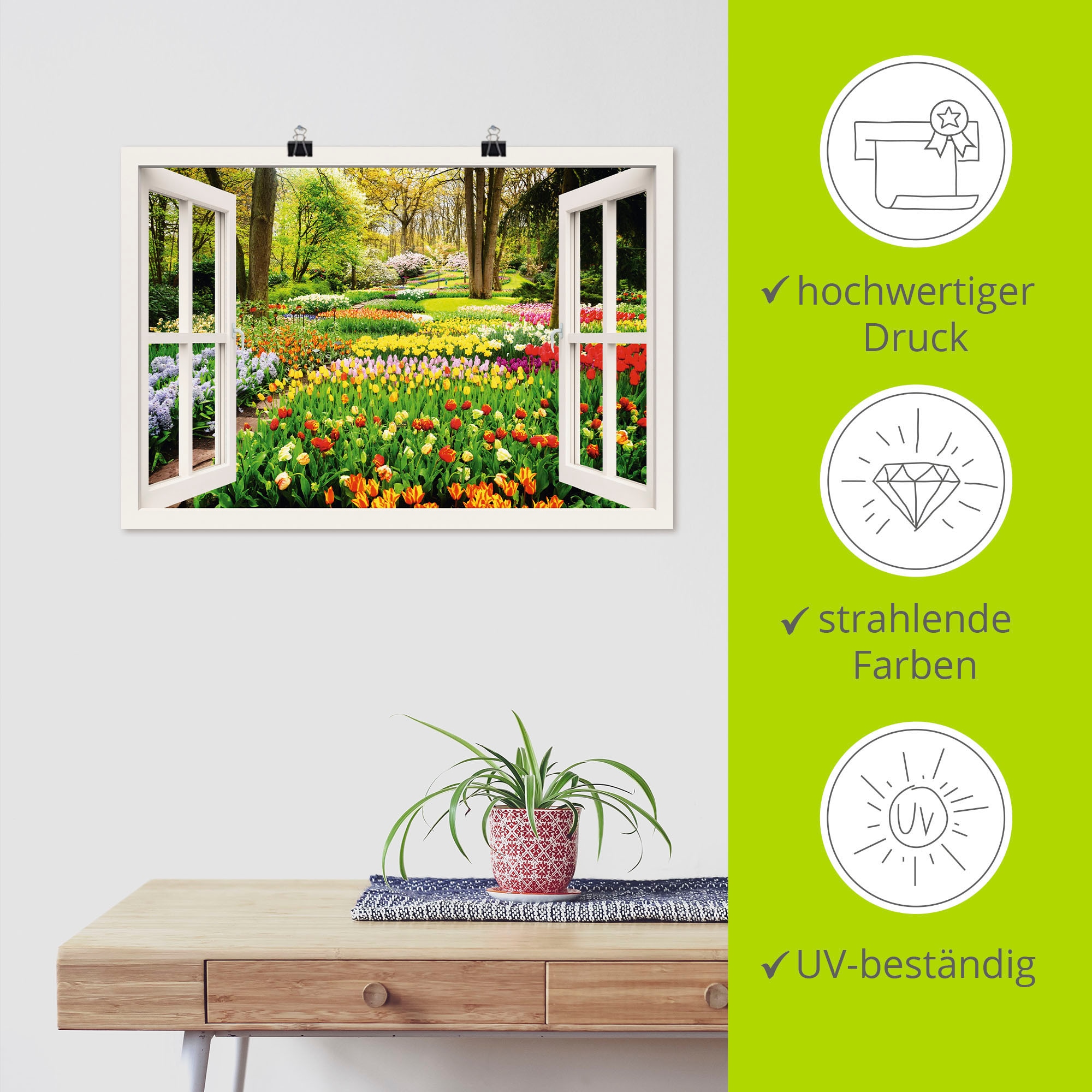 Artland Wandbild »Fensterblick Tulpen St.), Poster Grössen versch. Garten als Wandaufkleber Leinwandbild, in (1 Alubild, Frühling«, oder Fensterblick