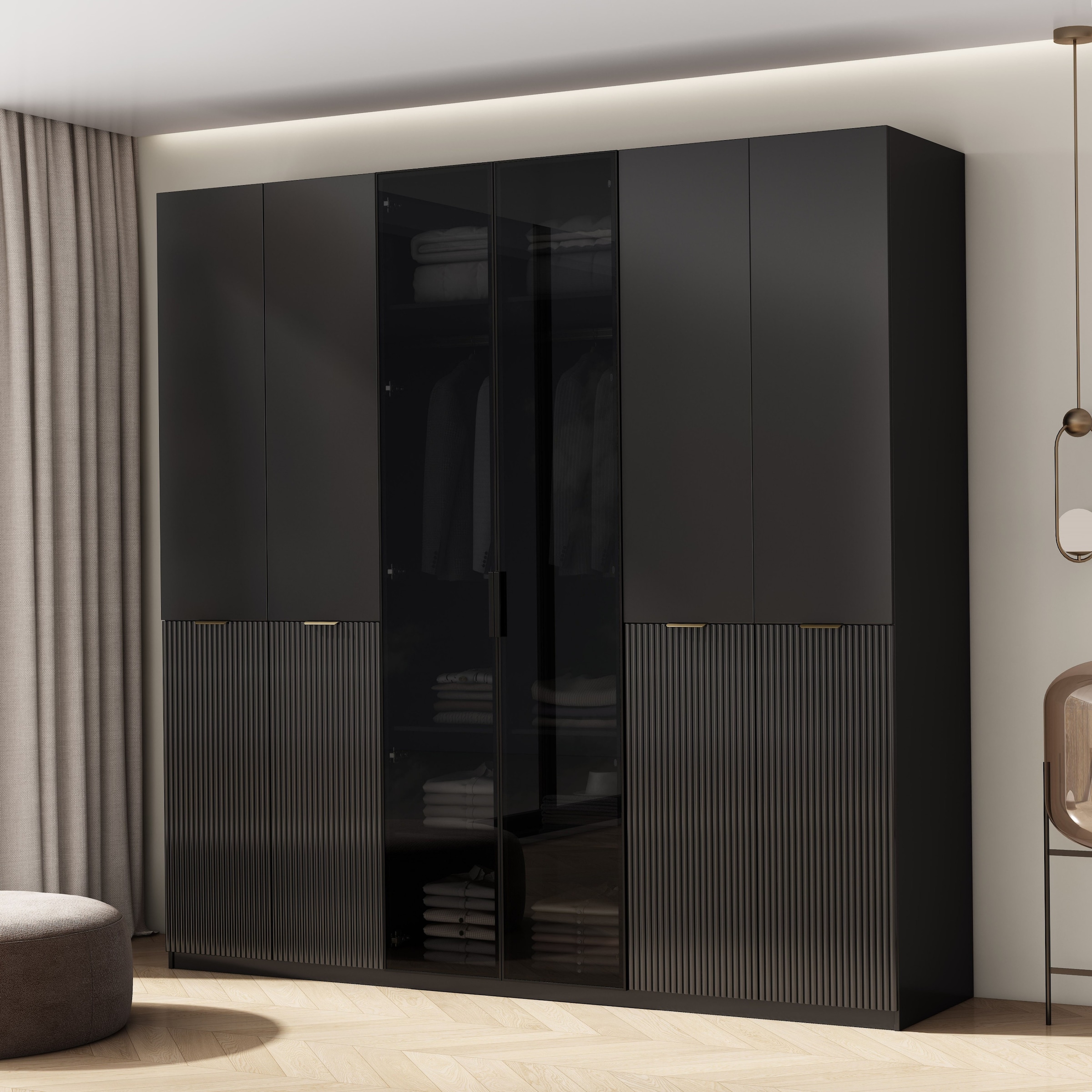 GOODproduct Kleiderschrank »Jorella Schlafzimmerschrank Garderobe mit Softclose Türen Glastüren« eleganter Schlafzimmerschrank Rillendesign Trend Breite 241cm Grauglas