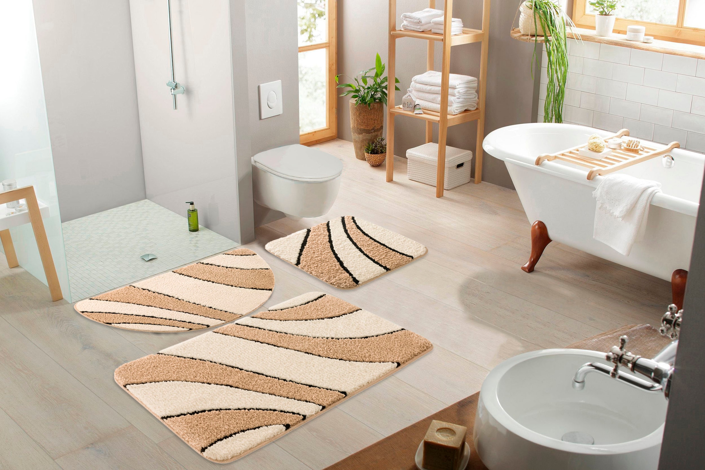 my home Badematte »Anna, Badvorleger, Badezimmer Teppich«, rutschhemmend beschichtet, fussbodenheizungsgeeignet-schnell trocknend, Badteppich, Hoch Tief Effekt, Modern, Weich, Wellen