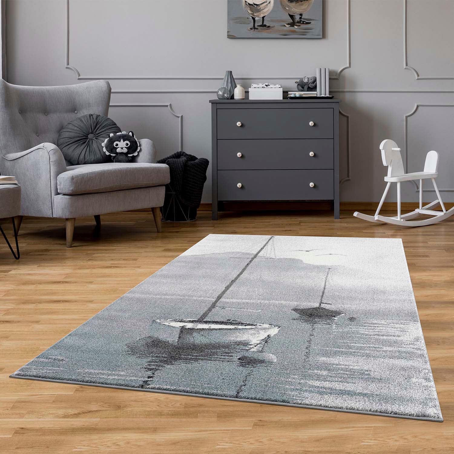 Image of Carpet City Teppich "Savanna 9368" rechteckig 11 mm Höhe Flachflor, mit Segelboot Motiv, Grau