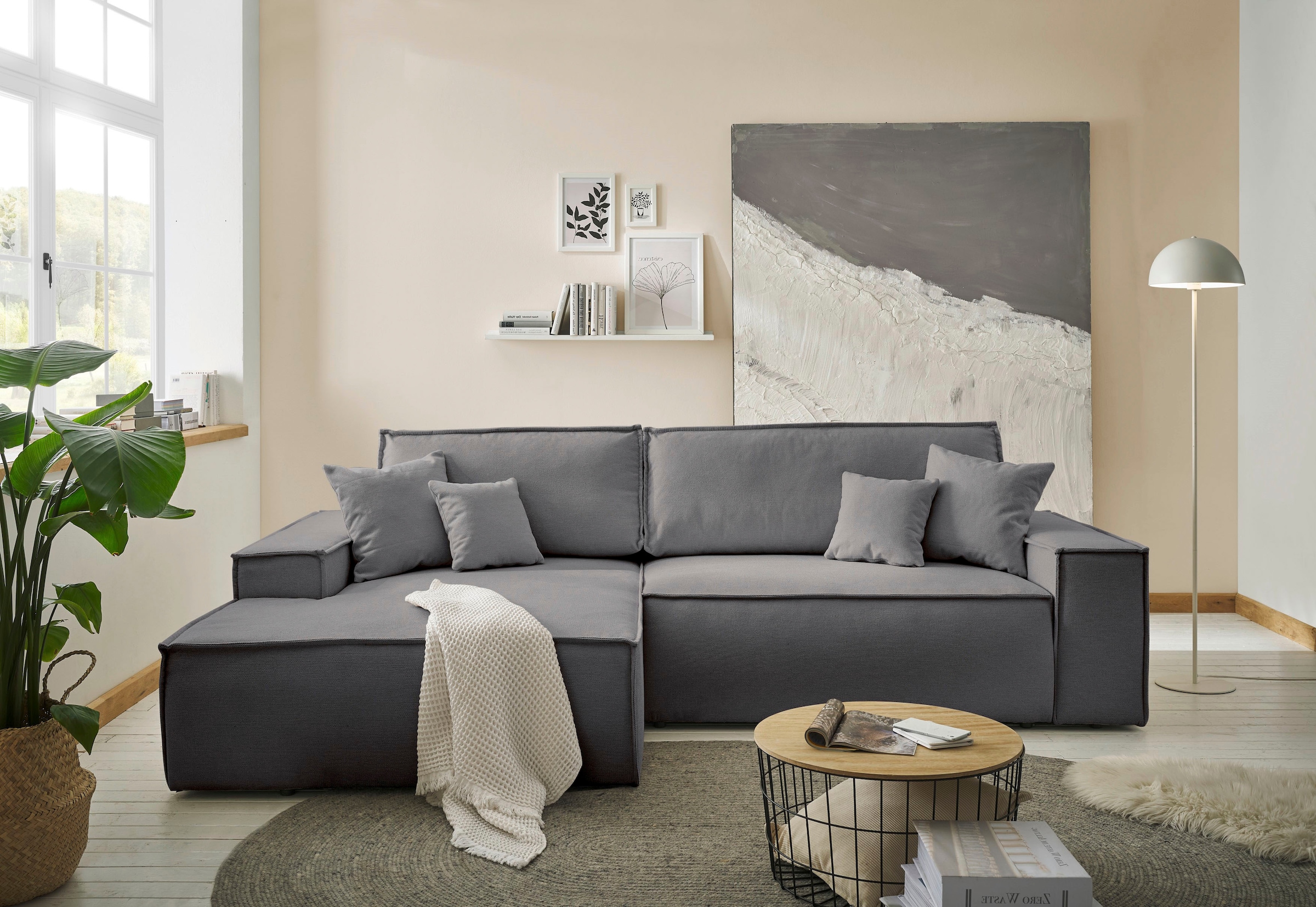 andas Ecksofa »Finnley Schlafsofa 267 cm in Bouclé, Struktur fein u. Cord, L-Form,«, Schlaffunktion m. Bettkasten (136/210 cm), Bouclé, Struktur und Cord