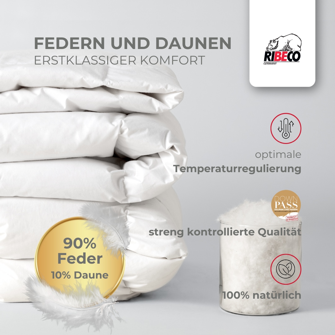 RIBECO Federbettdecke »Laram, Bettdecken für Sommer oder Winter, Made in Germany«, extrawarm, Füllung 90% Federn, 10% Daunen, Bezug Baumwolle, (1 St.), Super Preis-Leistung, Bettdecke 135x200 cm oder 155x220 cm, Decke