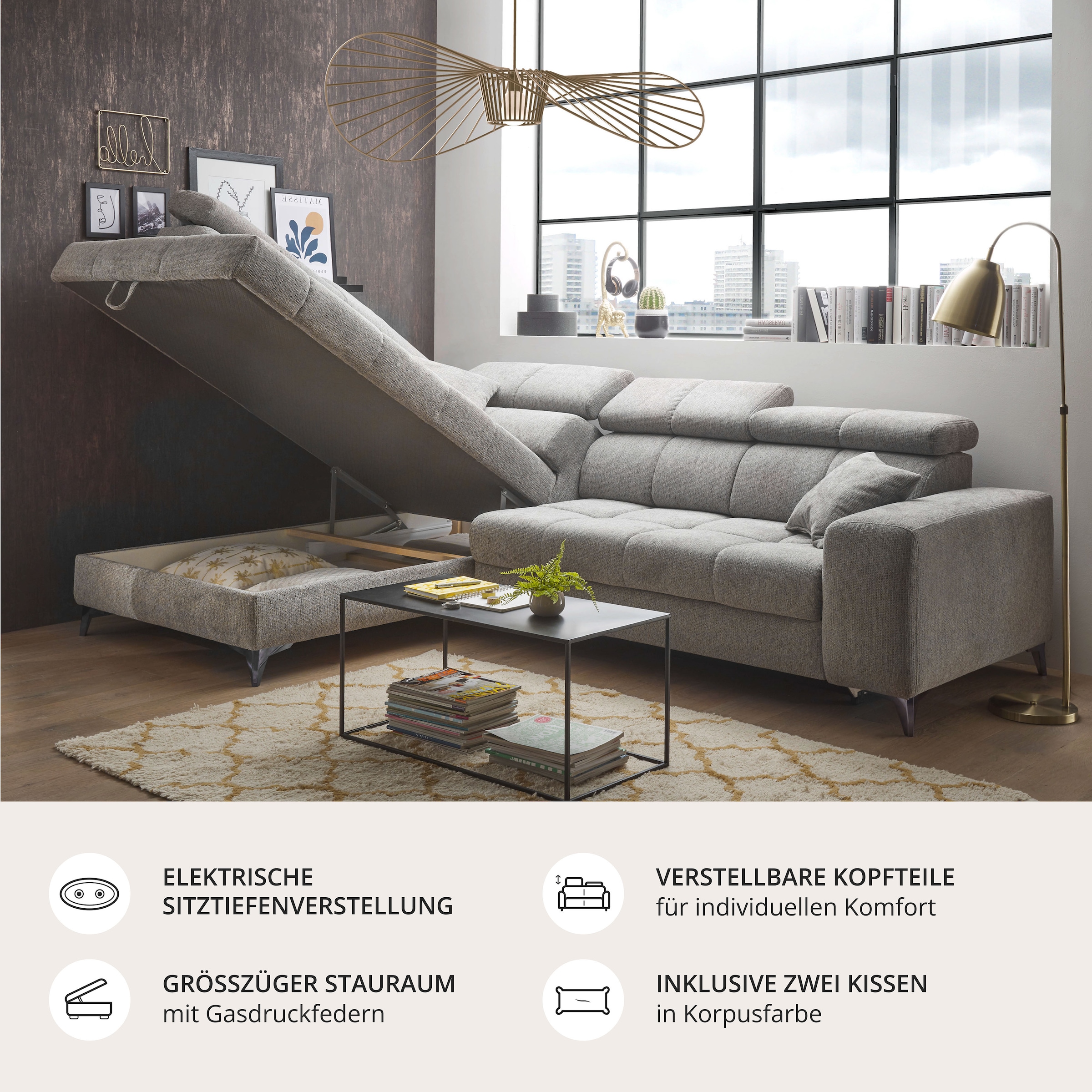 ED EXCITING DESIGN Ecksofa »Sydney L-Form« motorischer Sitztiefenverstellung, USB-Port & 2 Zierkissen